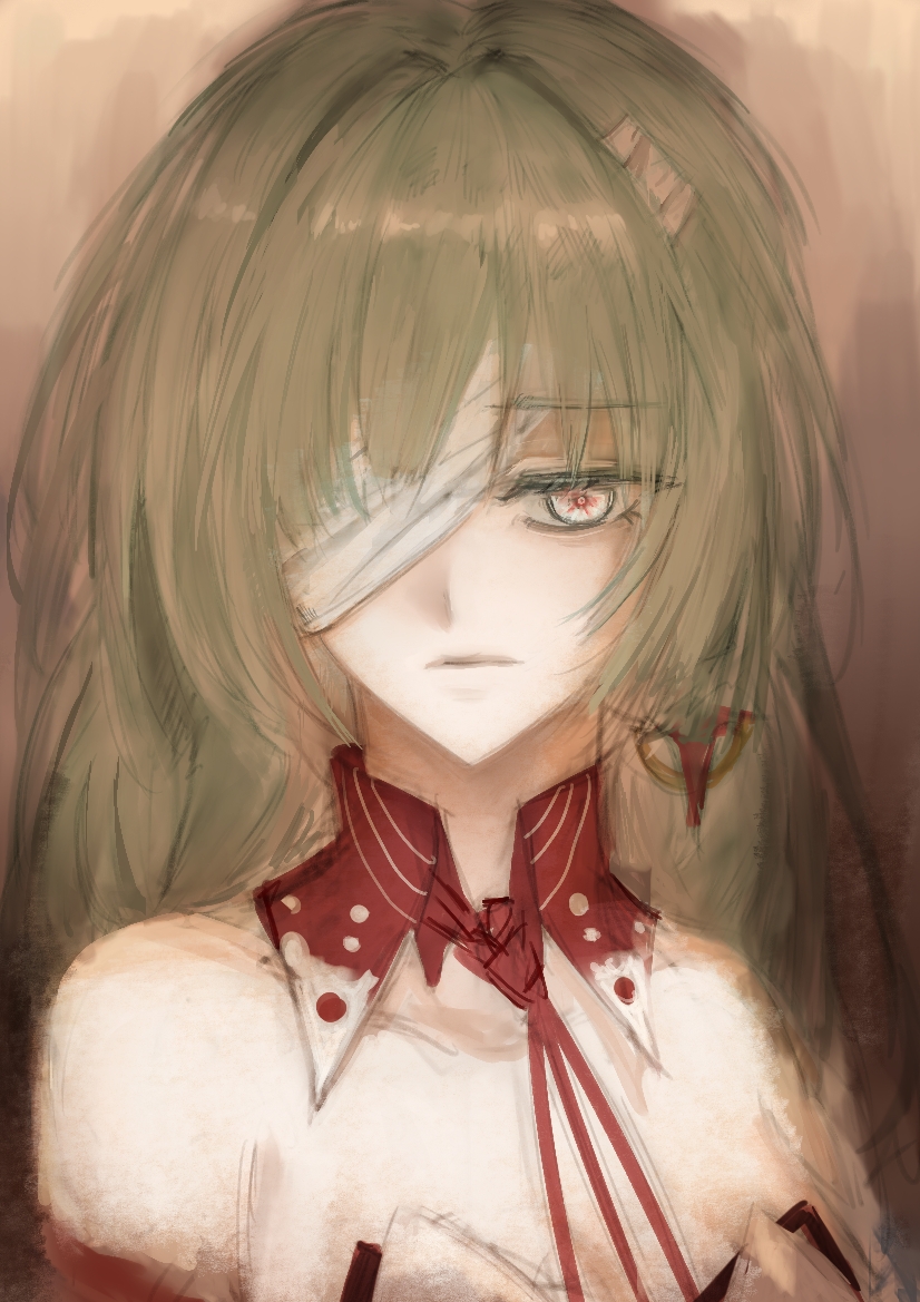 chew x, phrolova (wuthering waves), wuthering waves, unhappy, chinese commentary, commentary request, 1girl, bandage over one eye, bare shoulders, closed mouth, detached collar, earrings, facing viewer, green hair, jewelry, long hair, looking down, muted color, one eye covered, painterly, portrait, red pupils, single earring, solo, straight-on, white eyes, wing collar