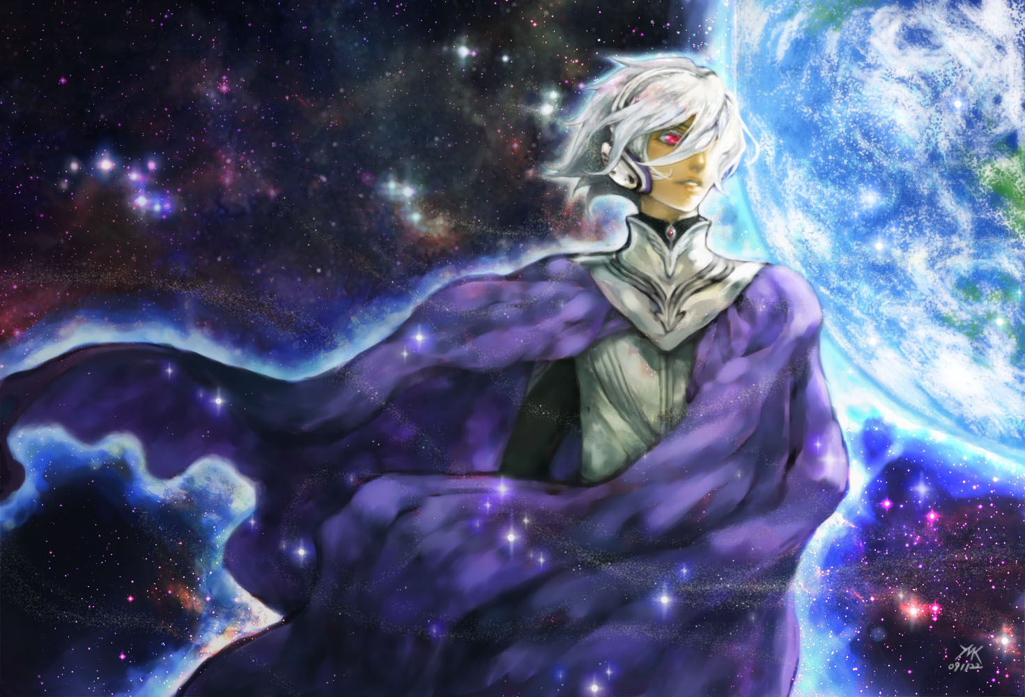 yamyanm.k, soldier blue, toward the terra, 1boy, albino, cape, earth (planet), headphones, male focus, pink eyes, solo, space, white hair