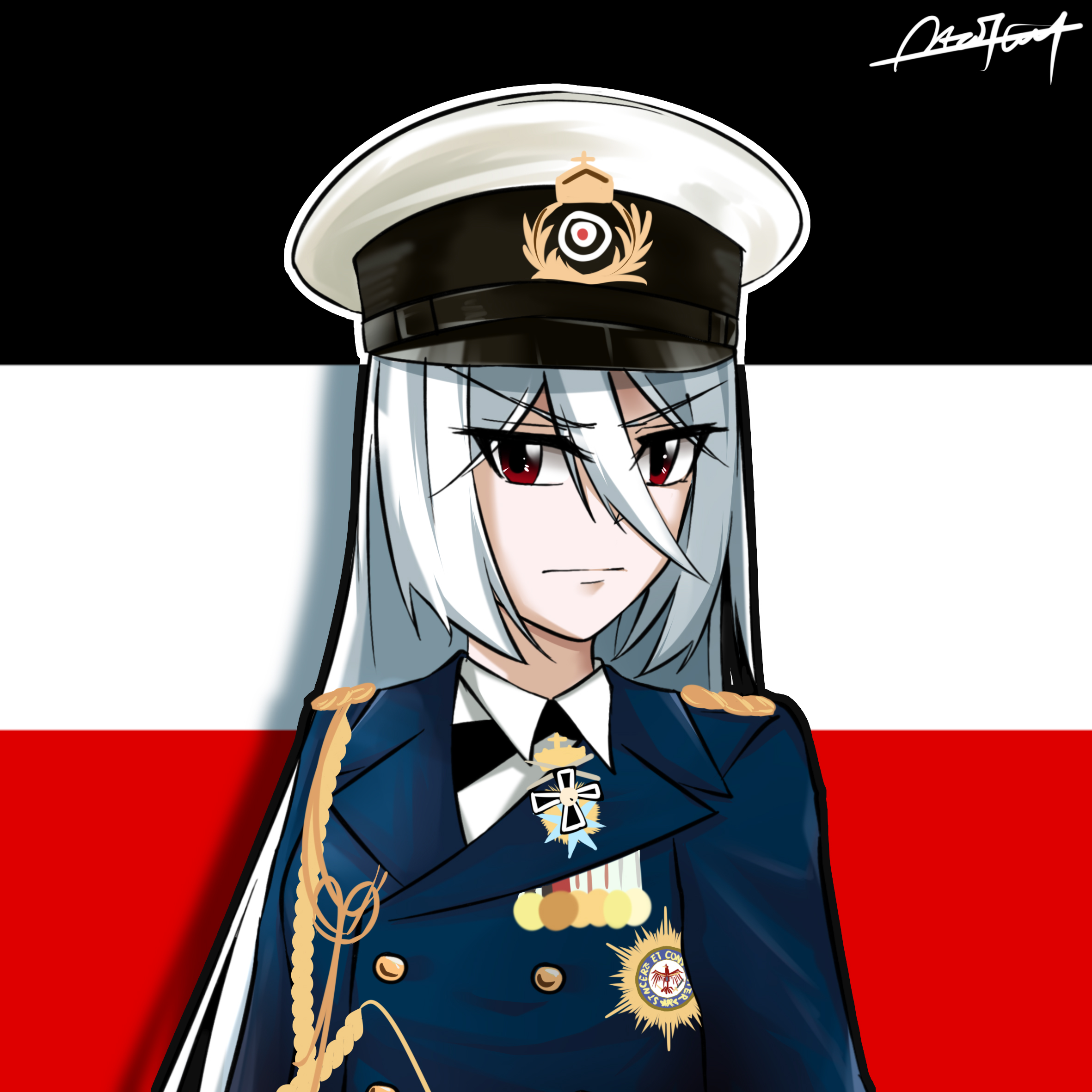 arnold fland, original, 1girl, artist name, buttoned jacket, collar, cross, flag, flag background, german clothes, german flag, germany, hair between eyes, hat, imperial german flag, iron cross, lapels, long hair, medal, military, military hat, military uniform, red eyes, shadow, very long hair, white hair