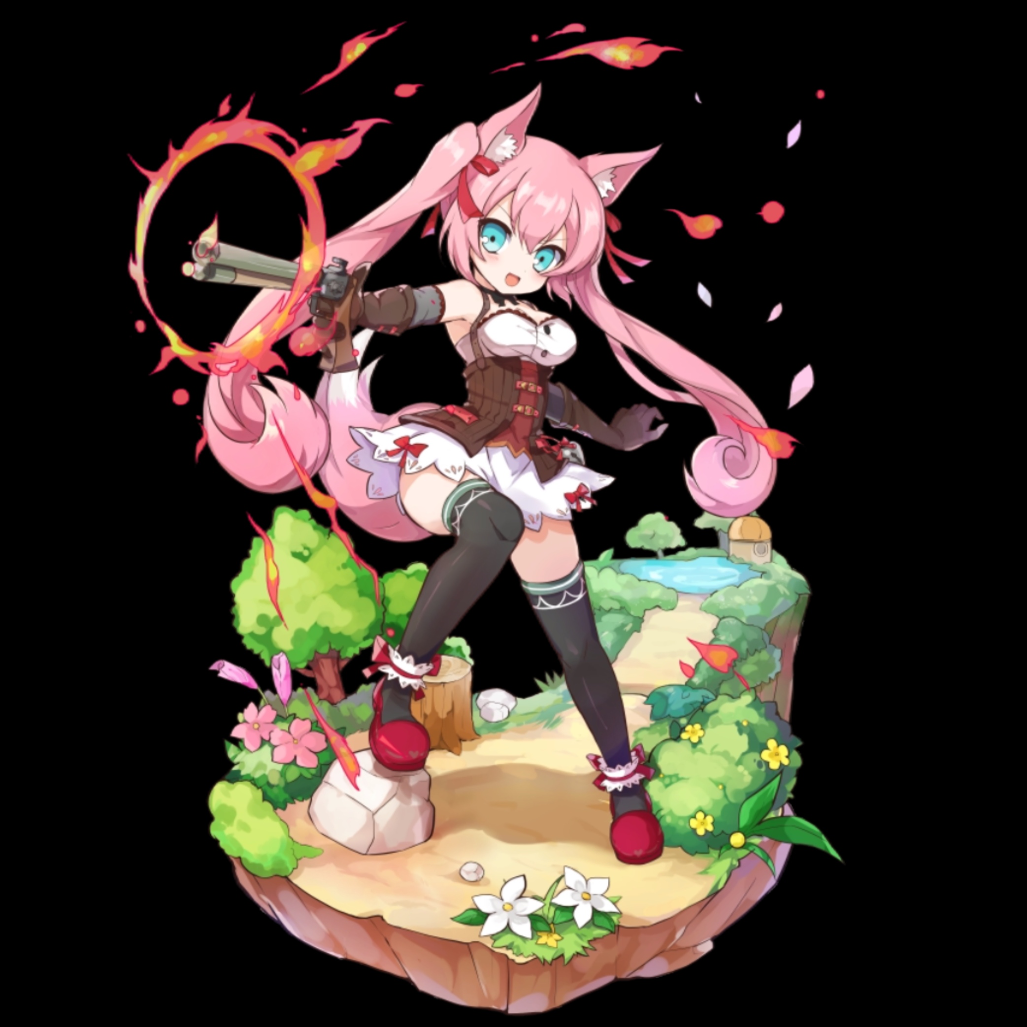 merc storia art team, merc storia, highres, official art, 1girl, animal ear fluff, animal ears, bare shoulders, black background, black bow, black thighhighs, blue eyes, blush, bow, bowtie, breasts, brown corset, cleavage, corset, daisy (merc storia), dress, fire, firing, flats, flower, fox ears, fox girl, fox tail, full body, gun, hair between eyes, holding, holding gun, holding weapon, house, long hair, medium breasts, open mouth, outstretched arm, petals, pink flower, pink hair, pond, red ribbon, red shoes, ribbon, scrunchie, shoes, short dress, sidelocks, simple background, smile, solo, standing, strapless, tachi-e, tail, thighhighs, thighs, tree, tree stump, twintails, underbust, v-shaped eyebrows, very long hair, weapon, white dress, white flower, yellow flower