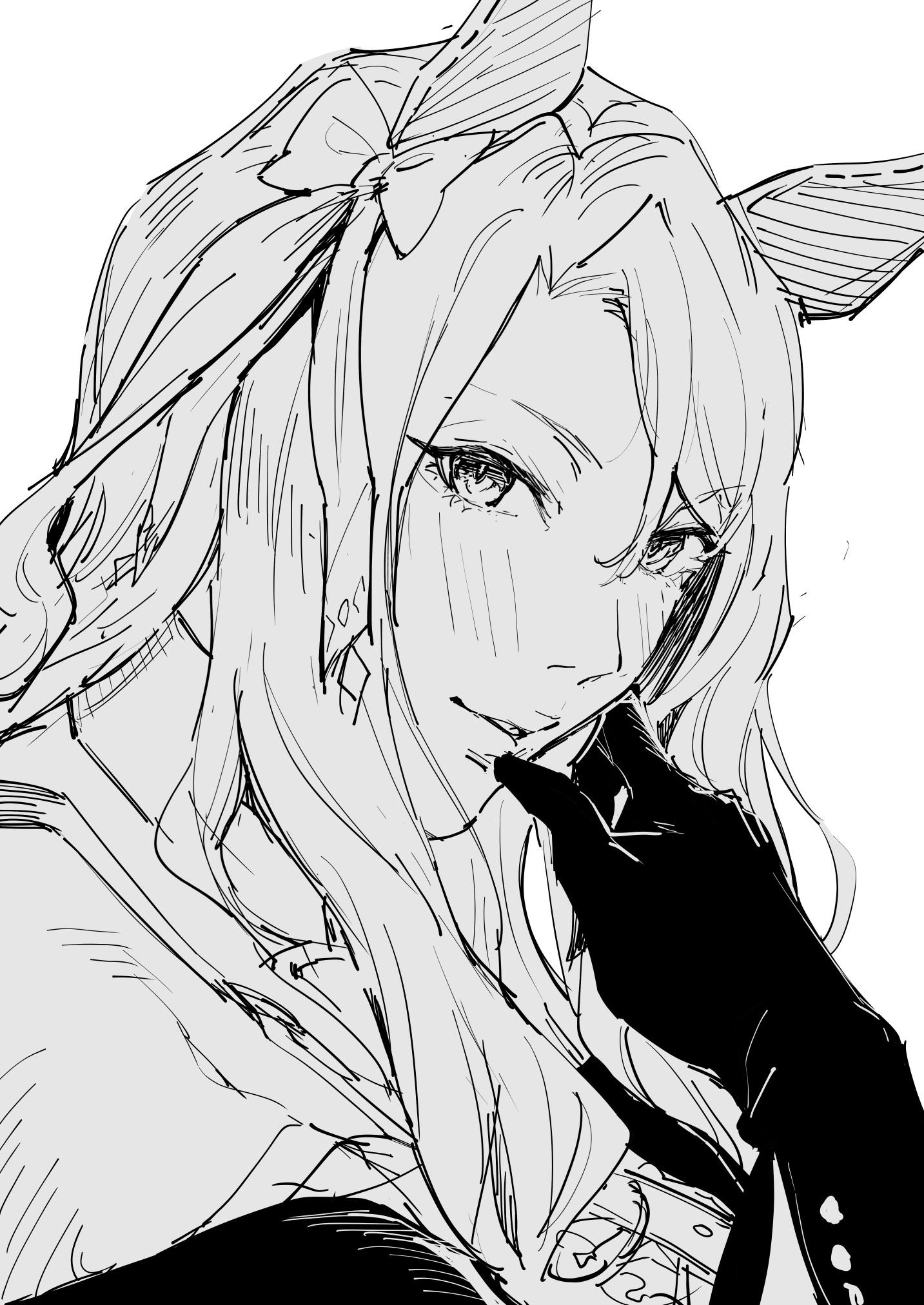 sugarbeat, king halo (king of emeralds) (umamusume), king halo (umamusume), umamusume, commentary, highres, symbol-only commentary, 1girl, animal ears, ear covers, gloves, greyscale, horse ears, horse girl, looking at viewer, medium hair, monochrome, off shoulder, smile, solo