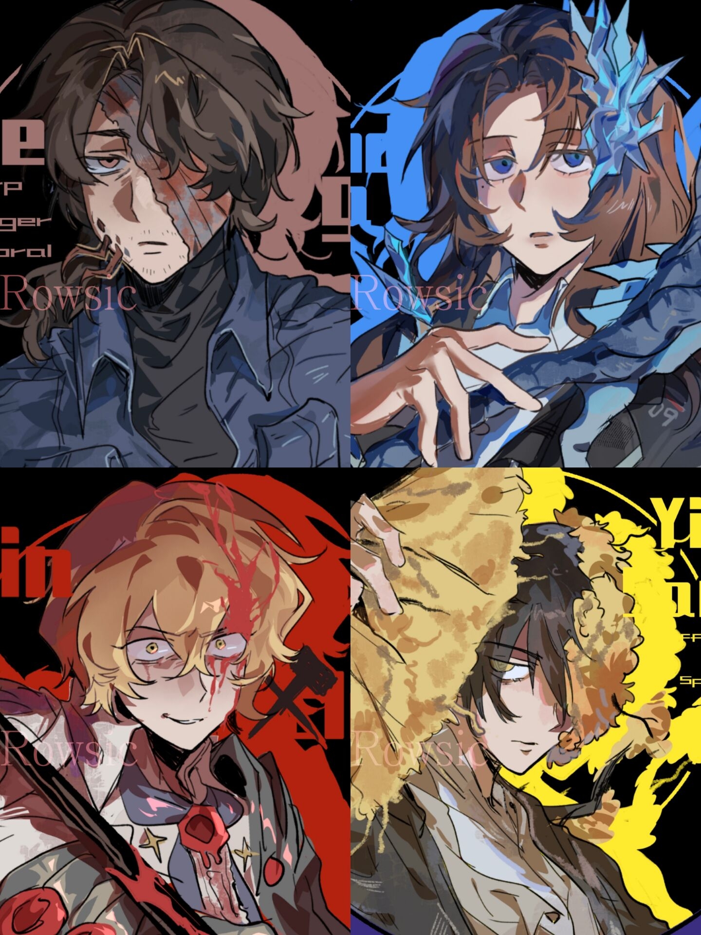 rowsic, gregor (project moon), rodion (project moon), sinclair (project moon), yi sang (project moon), limbus company, project moon, chinese commentary, commentary request, highres, 1girl, 3boys, artist name, bandage over one eye, black hair, black shirt, blonde hair, blood, blood in hair, blood on face, blue eyes, blue jacket, brown hair, character name, closed mouth, constricted pupils, crystal, e.g.o (project moon), facial hair, facial mark, flower, folding fan, g corp. (identity) (project moon), hair over eyes, hanbok, hand fan, holding, holding fan, jacket, korean clothes, long hair, looking at viewer, mole, mole under eye, multiple boys, n corp. fanatic (identity) (project moon), one eye covered, rime shank (e.g.o), scarf, shirt, short hair, spicebush (e.g.o), stubble, technology liberation alliance (identity) (project moon), turtleneck, wax seal, white hanbok, white shirt, yellow flower