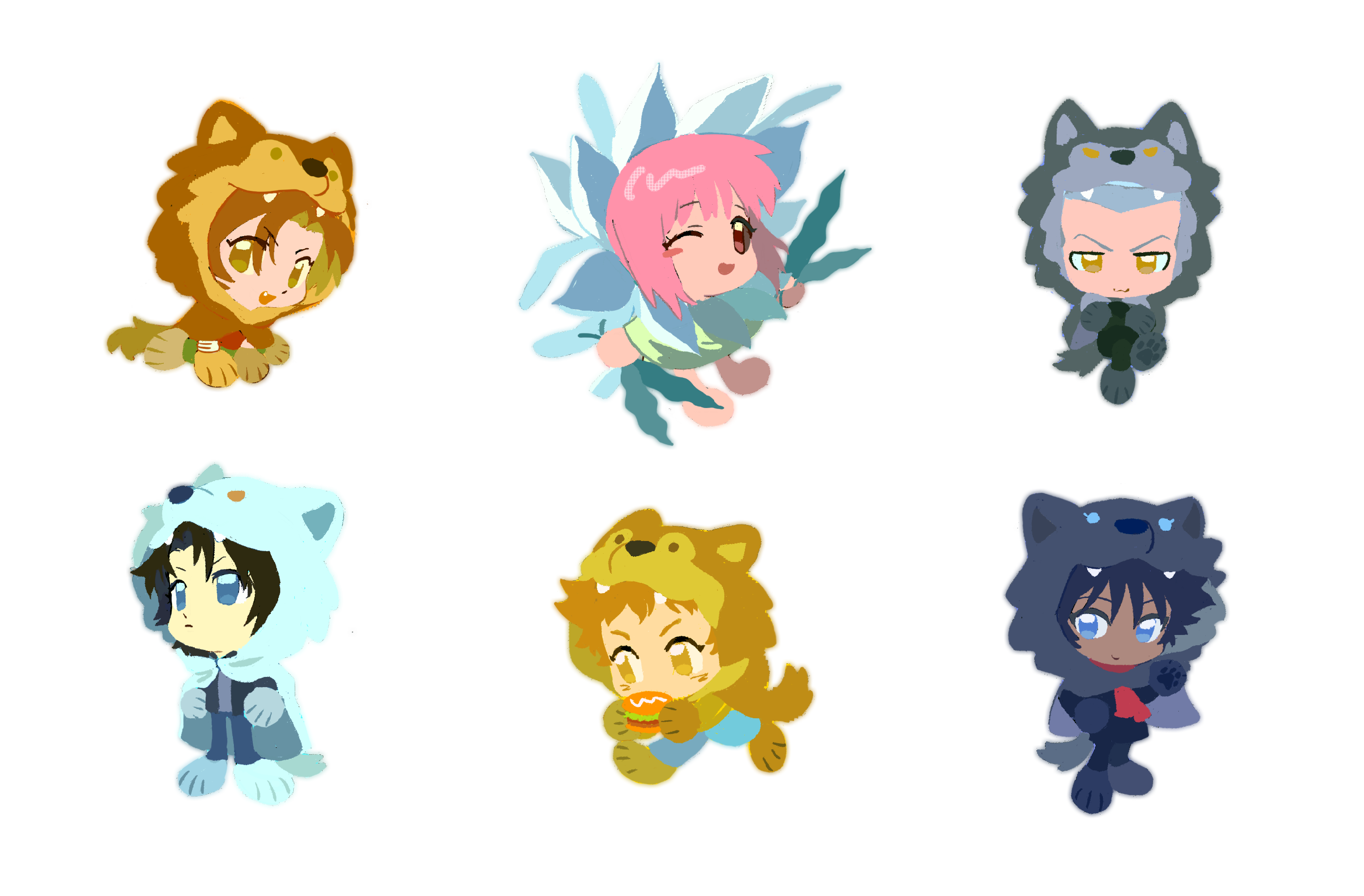 blue (wolf's rain), cheza (wolf's rain), hige (wolf's rain), kiba (wolf's rain), toboe (wolf's rain), tsume (wolf's rain), wolf's rain, highres, 2girls, 4boys, animal hands, ascot, blue eyes, blue pants, brown eyes, brown hair, burger, fang, flower, food, full body, gloves, green shirt, grey hair, hood, hood up, looking at viewer, mauvh, multiple boys, multiple girls, open mouth, pants, paw gloves, pink hair, red ascot, shirt, simple background, white background