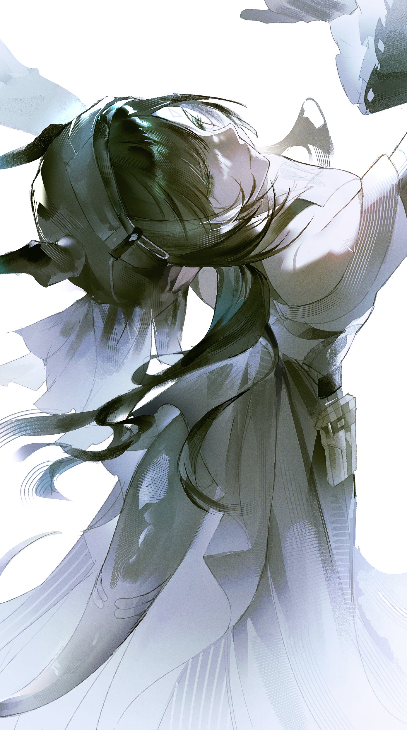 fsuusux, xaihi (arknights), arknights, arknights: endfield, absurdres, hashtag-only commentary, highres, 1girl, bare shoulders, black dress, closed eyes, closed mouth, demon girl, demon horns, dress, green hair, horns, long hair, nun headdress, simple background, solo, white background