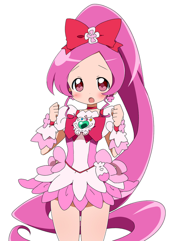 meiro (yuu), cure blossom, hanasaki tsubomi, heartcatch precure!, precure, bad id, bad pixiv id, 10s, 1girl, blush, brooch, female focus, heart, heart brooch, high ponytail, jewelry, long hair, magical girl, pink eyes, pink hair, pink theme, ponytail, solo, very long hair, white background