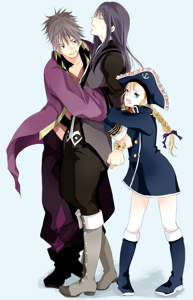 shuri (9818), patty fleur, raven (tales), yuri lowell, tales of (series), tales of vesperia, blue footwear, grey footwear, bad id, bad pixiv id, 00s, 1girl, 2boys, aqua background, black hair, blonde hair, blue eyes, boots, bracelet, braid, hat, hug, jewelry, knee boots, multiple boys, ponytail, twin braids