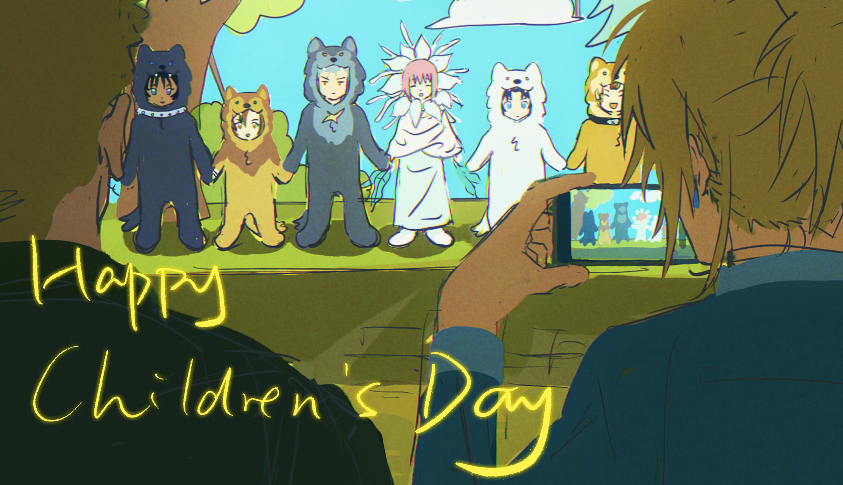 cher degre, cheza (wolf's rain), hige (wolf's rain), hubb lebowski, kiba (wolf's rain), toboe (wolf's rain), tsume (wolf's rain), wolf's rain, highres, 3girls, 5boys, animal collar, animal costume, black hair, blue eyes, blue jacket, brown hair, children's day, collar, earrings, flower costume, full body, grey hair, happy, happy children's day, jacket, jewelry, mauvh, multiple boys, multiple girls, pink hair, recording, wolf costume