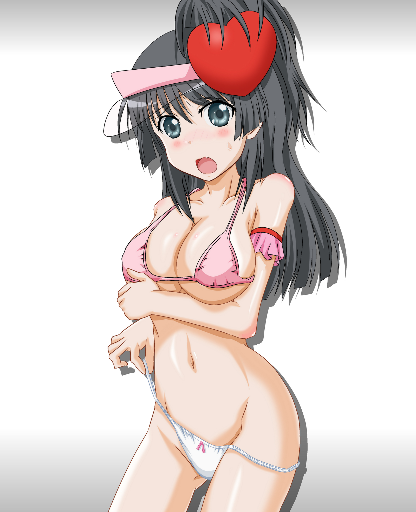 takumi (rozen garten), amulet heart, hinamori amu, itou kanae, saten ruiko, shugo chara!, toaru kagaku no railgun, toaru majutsu no index, visor, highres, 1girl, amulet heart (cosplay), black hair, blush, bra, breasts, cosplay, female focus, green eyes, heart, large breasts, lingerie, magical girl, navel, panties, parody, side ponytail, solo, underwear, underwear only, visor cap, voice actor connection