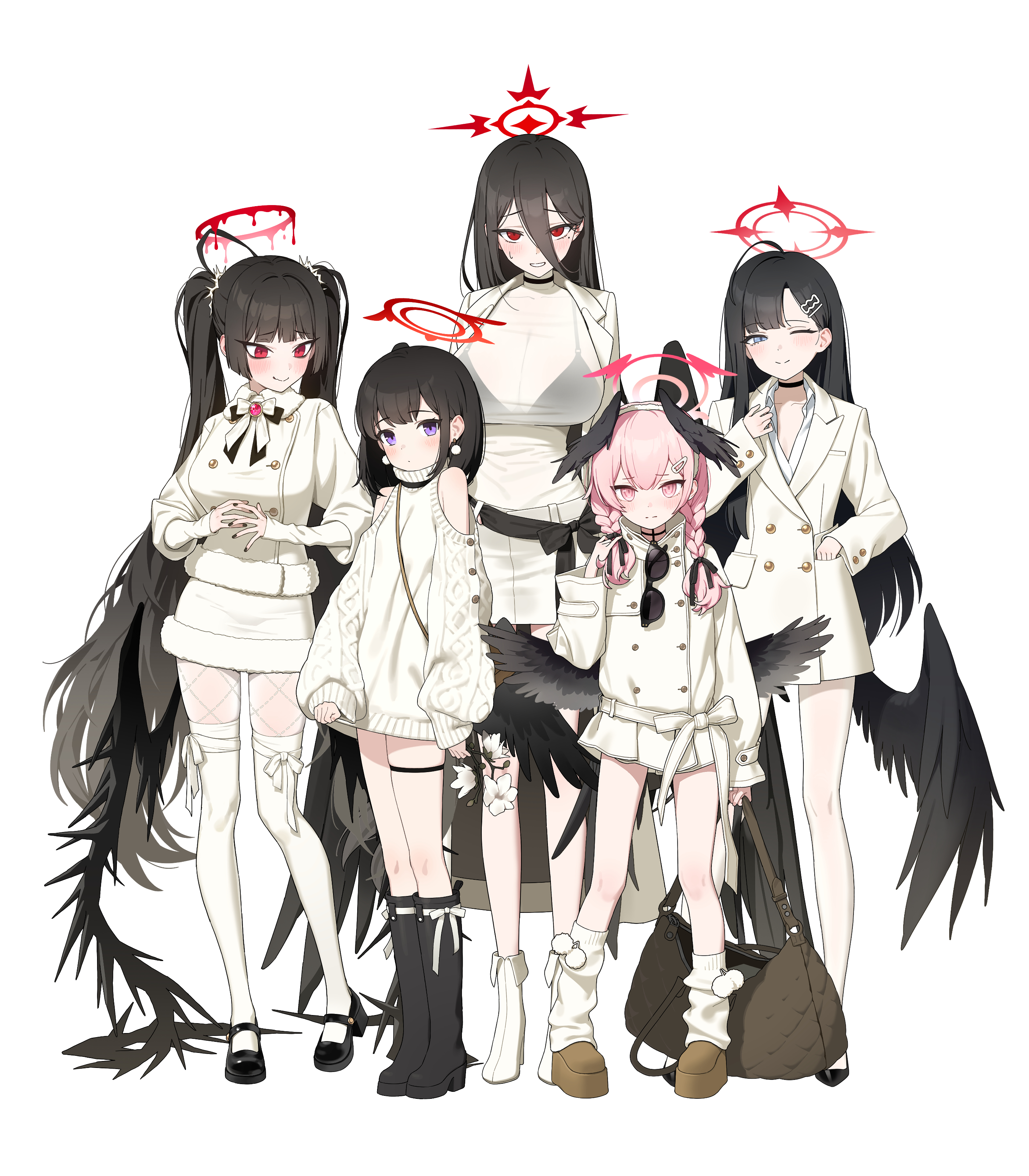 b1026, hasumi (blue archive), ichika (blue archive), koharu (blue archive), mashiro (blue archive), tsurugi (blue archive), blue archive, absurdres, hashtag-only commentary, highres, 5girls, ;), ahoge, alternate costume, aran sweater, bag, black boots, black bra, black choker, black hair, black nails, black ribbon, black wings, blunt bangs, blush, boots, bra, bra visible through clothes, braid, breasts, buttons, cable knit, casual, choker, clothing cutout, double-breasted, earrings, feathered wings, fingernails, full body, fur-trimmed jacket, fur-trimmed skirt, fur trim, hair between eyes, hair ribbon, halo, head wings, holding, holding bag, huge breasts, jacket, jewelry, justice task force (blue archive), knee boots, long hair, long hair between eyes, looking at another, looking at viewer, melting halo, mole, mole under eye, multiple girls, nail polish, one eye closed, pink eyes, pink hair, pom pom (clothes), pom pom earrings, purple eyes, red eyes, red halo, ribbon, see-through clothes, see-through shirt, shirt, short hair, shoulder cutout, simple background, skindentation, skirt, smile, socks, standing, straight hair, sweatdrop, sweater, thigh strap, thighhighs, twin braids, twintails, underwear, very long hair, white background, white jacket, white shirt, white skirt, white socks, white sweater, white thighhighs, wings