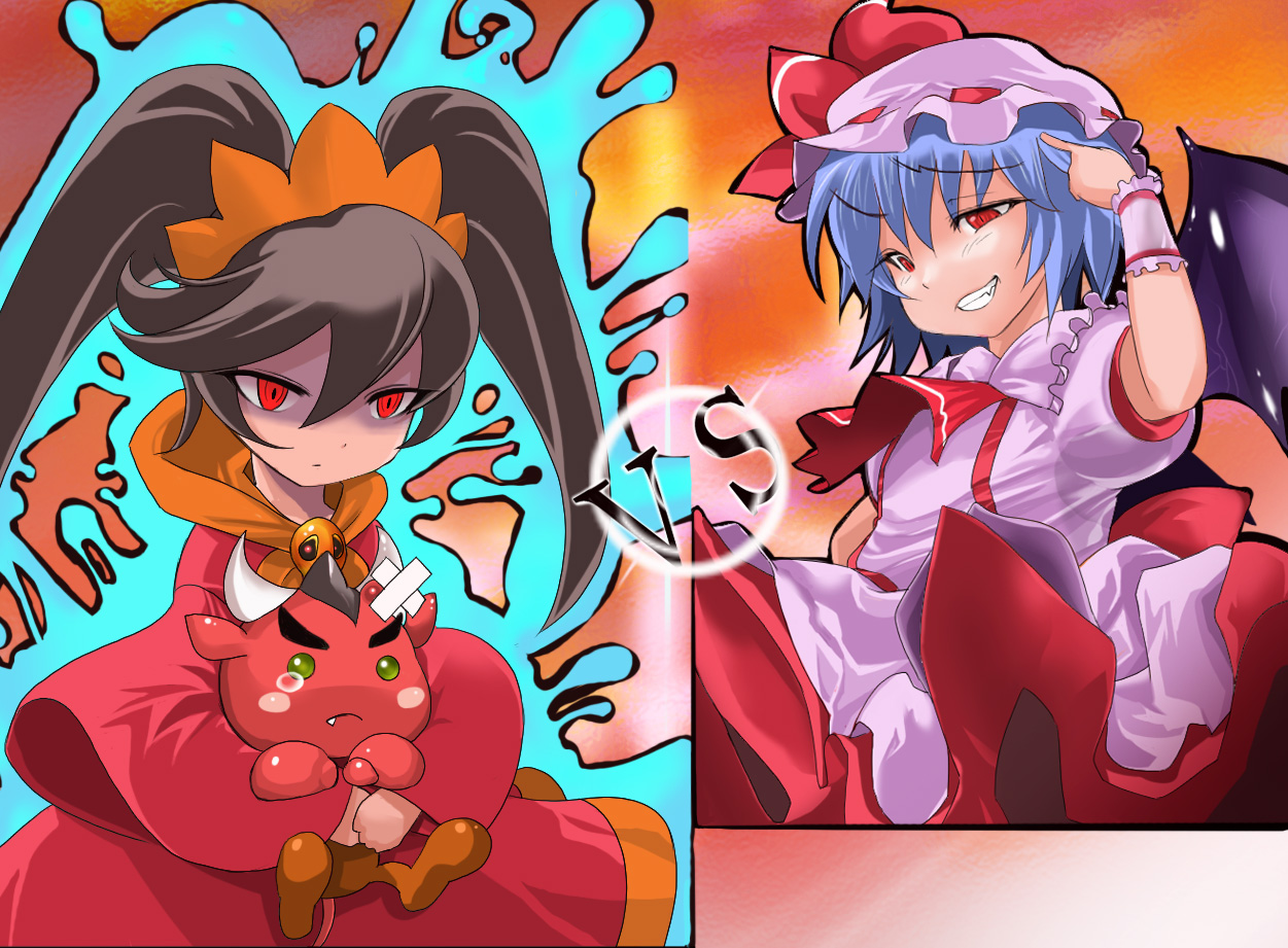 mokomoko yanakku, ashley (warioware), red (warioware), remilia scarlet, touhou, warioware, 2girls, aura, bat wings, black hair, blue hair, crossover, dress, grin, hat, horns, multiple girls, red eyes, smile, sneer, twintails, vampire, vs, wings, witch