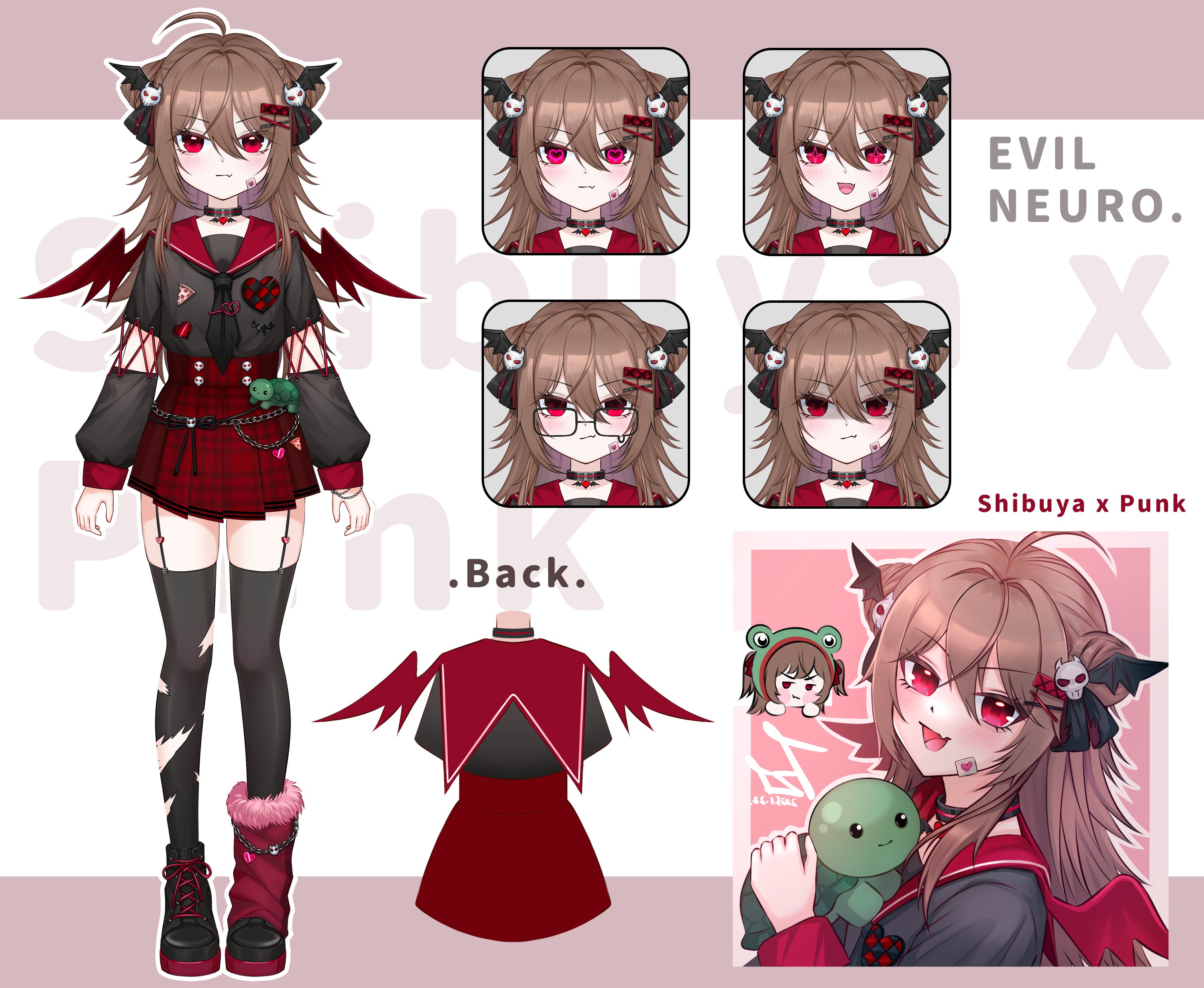 evil neuro-sama, neuro-sama, vedal987, vedal ai, absurdres, highres, + +, 1girl, :/, :d, ahoge, alternate costume, alternate hairstyle, animal, arm cutout, bandaid, bandaid on cheek, bandaid on face, bespectacled, black boots, black choker, black necktie, black ribbon, black shirt, black thighhighs, boots, broken heart, brown hair, buttons, chain belt, checkered print, chibi, chibi inset, choker, closed mouth, clothing cutout, cone hair bun, cross-laced clothes, cross-laced sleeves, double-breasted, double bun, fake wings, fang, fashion, flipped hair, frog hat, full body, fur-trimmed legwear, fur trim, glasses, gothic punk, hair bun, hair intakes, hair ornament, hair ribbon, heart, heart in eye, holding, holding animal, lace-up boots, leg warmers, legwear garter, light blush, long hair, long sleeves, looking at viewer, miniskirt, multiple expressions, multiple views, necktie, open mouth, plaid clothes, plaid skirt, pleated skirt, rectangular eyewear, red eyes, red leg warmers, red sailor collar, red skirt, ribbon, sailor collar, shaded face, shirt, single leg warmer, skin fang, skirt, skull button, skull hair ornament, smile, standing, symbol in eye, tachi-e, thighhighs, torn clothes, torn thighhighs, turtle, tztsleep, underbust, v-shaped eyebrows, white background, wing hair ornament, winged heart, winged heart necklace, wings, x hair ornament, zettai ryouiki