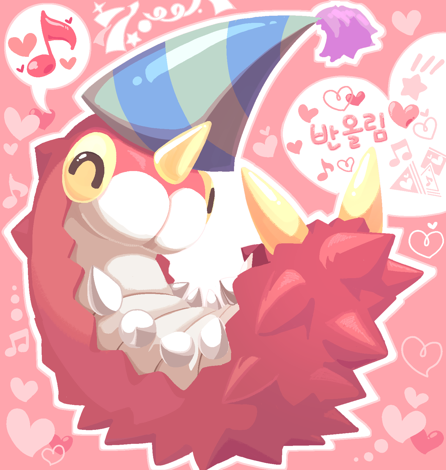 ttrtag, wurmple, nintendo, pokemon, commentary request, commission, highres, korean commentary, translation request, gen 3 pokemon, happy, hat, heart, korean text, musical note, no humans, outline, party hat, pokemon (creature), solo, spoken musical note, white outline