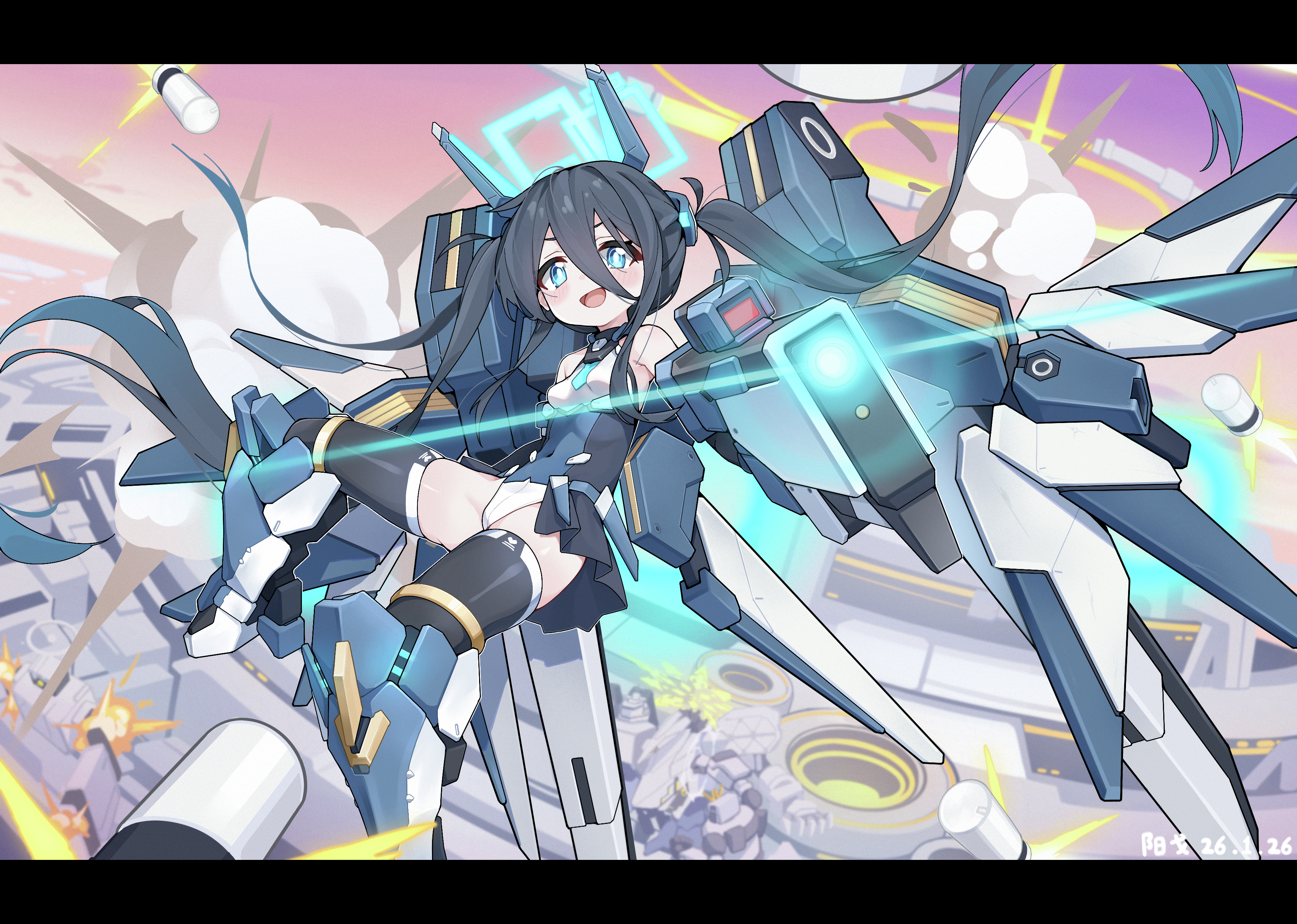 yangge, aris (armed) (blue archive), aris (blue archive), blue archive, absurdres, commentary request, highres, 1girl, aqua halo, bare shoulders, black hair, blue eyes, blue necktie, breasts, closed mouth, double-parted bangs, full body, gun, hair between eyes, halo, headgear, holding, holding gun, holding weapon, leotard, long hair, long hair between eyes, looking at viewer, mecha musume, mechanical arms, mechanical legs, mechanical wings, midriff, necktie, official alternate costume, official alternate hairstyle, railgun, rectangular halo, ringed eyes, short necktie, showgirl skirt, small breasts, smile, solo, thighhighs, twintails, v-shaped eyebrows, very long hair, weapon, white leotard, wings