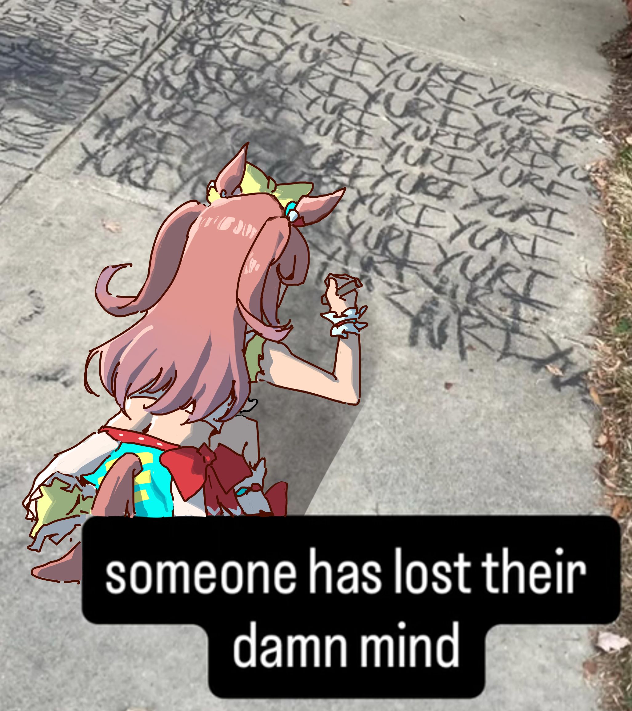 mashuudoesntdraw, agnes digital (full-color fangirling) (umamusume), agnes digital (umamusume), umamusume, commentary, english commentary, highres, 1girl, animal ears, bow, from behind, green bow, hair bow, holding, holding marker, horse ears, horse girl, horse tail, long hair, marker, meme, pink hair, skirt, solo, squatting, tail, two side up, white skirt