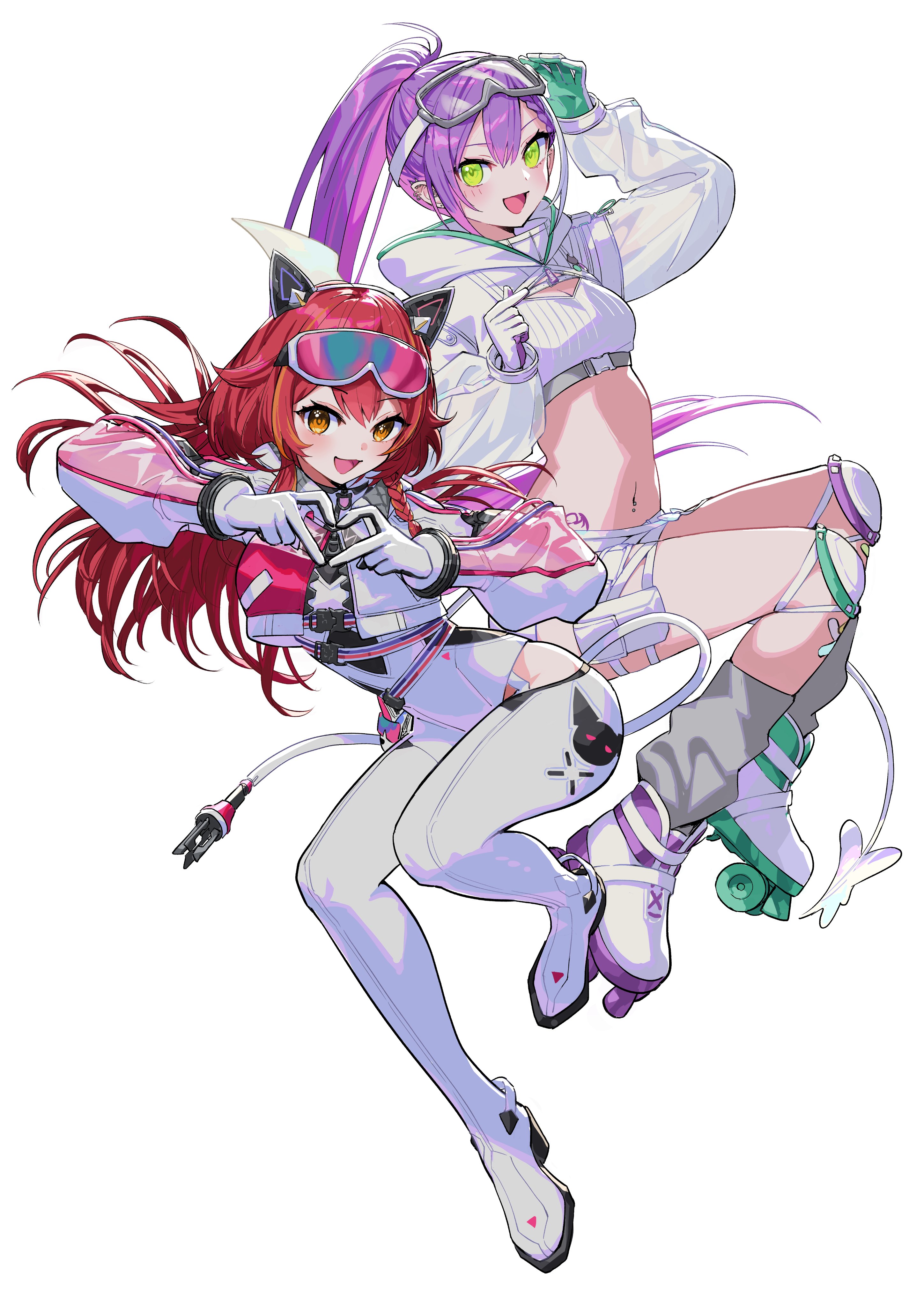 nemoto yuuma, nekota tsuna, nekota tsuna (5th costume), tokoyami towa, tokoyami towa (cyberpunk), hololive, vspo!, absurdres, commentary request, highres, 2girls, bodysuit, full body, gloves, goggles, goggles on head, green eyes, green gloves, hair between eyes, looking at viewer, multicolored hair, multiple girls, navel, purple gloves, purple hair, red hair, simple background, stomach, thighs, two-sided gloves, two-tone hair, virtual youtuber, white background, white bodysuit, white gloves, white hair, yellow eyes