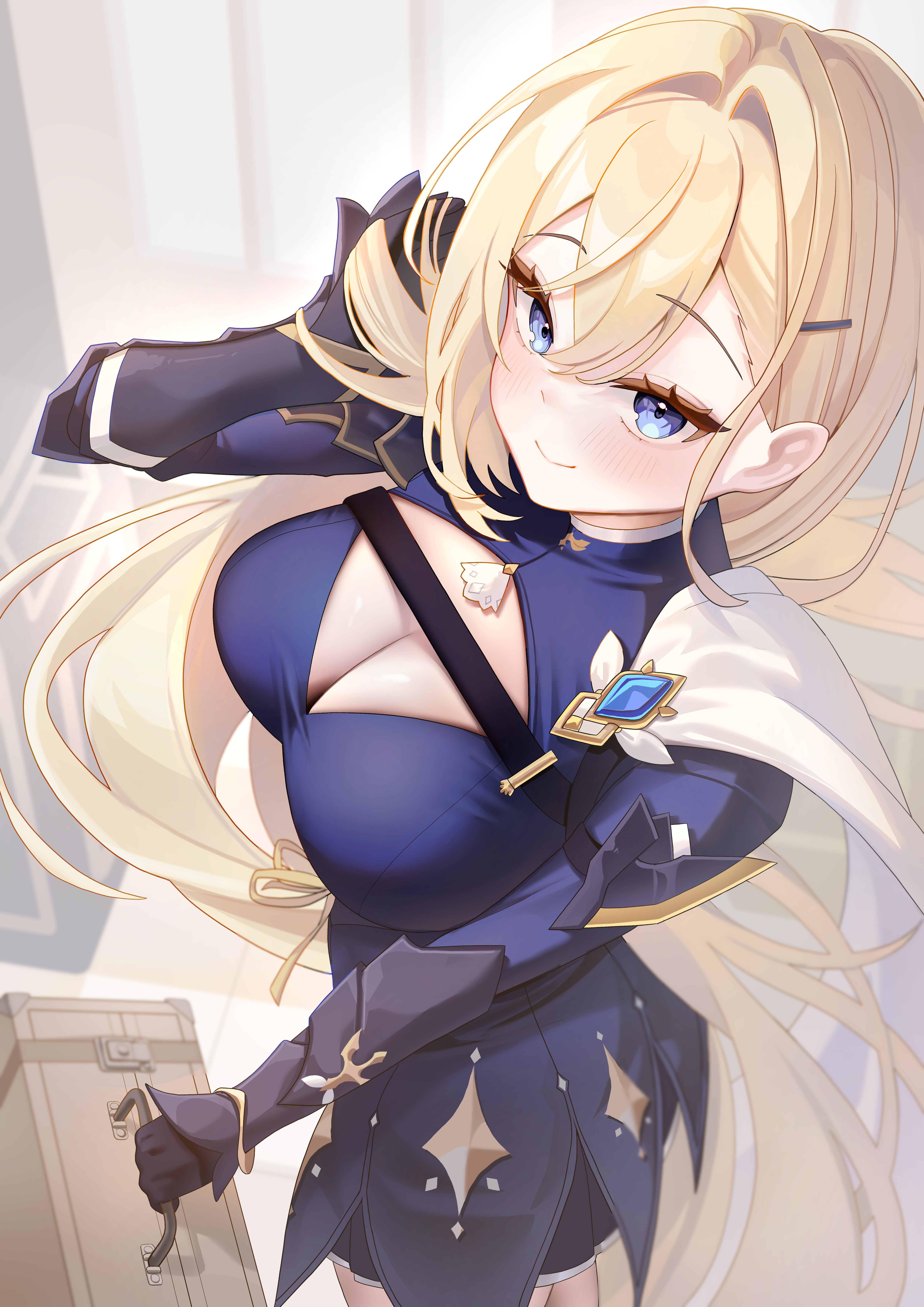 hyurumari, star savior, blue gem, absurdres, commentary, english commentary, highres, 1girl, arm armor, asherah (star savior), blonde hair, blue dress, blue eyes, blush, breasts, briefcase, chest harness, cleavage, cleavage cutout, closed mouth, clothing cutout, dress, gem, hair between eyes, hair intakes, hair ornament, hairclip, hand in own hair, hand up, harness, holding, holding briefcase, large breasts, long hair, long sleeves, looking at viewer, sidelocks, smile, solo, standing, star (symbol), thighs, vambraces, very long hair, white dress