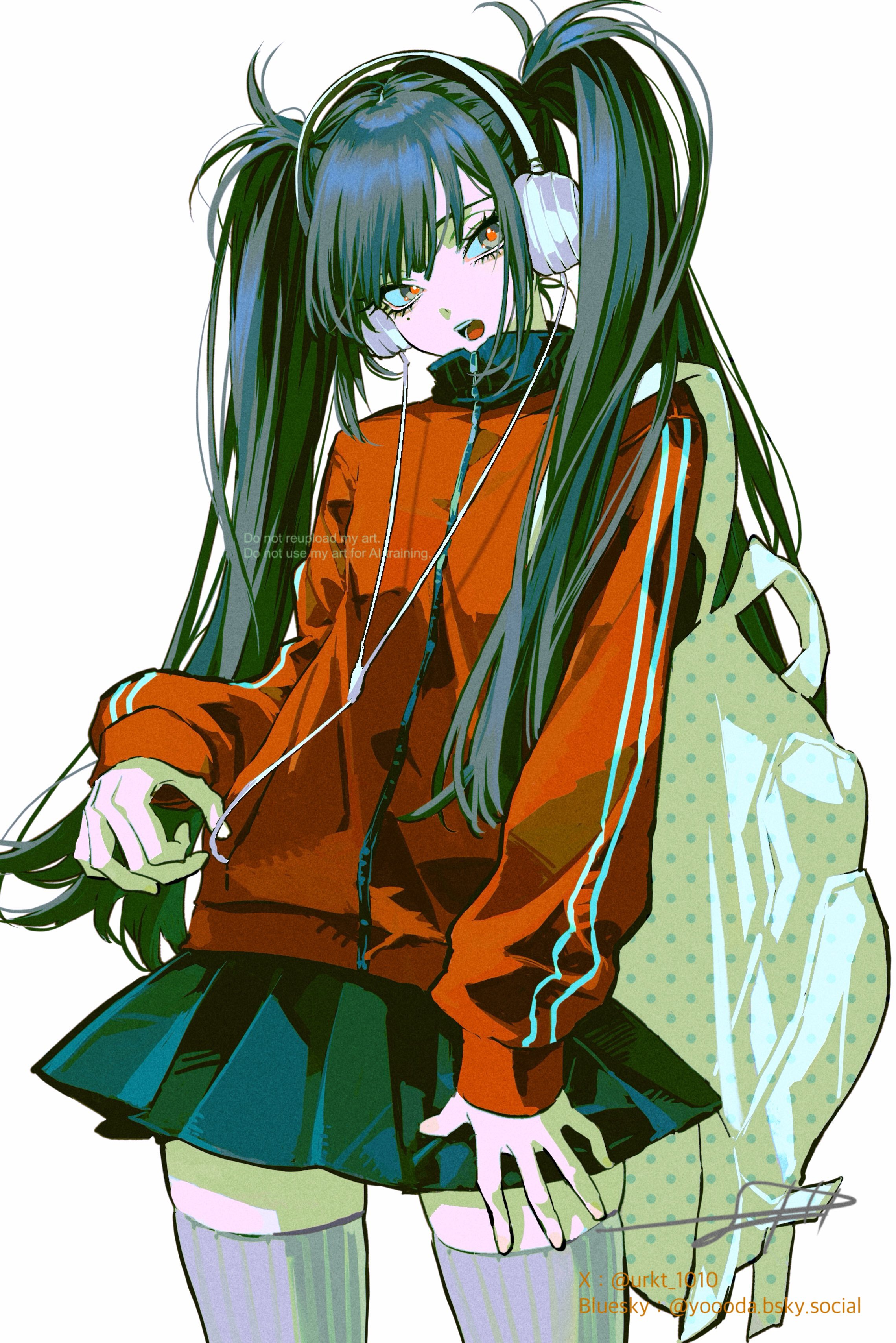 urkt 10, original, absurdres, highres, 1girl, audio jack, backpack, bag, black hair, double vertical stripe, hand on own thigh, headphones, jacket, long hair, open mouth, pleated skirt, red eyes, signature, skirt, solo, standing, striped clothes, thighhighs, track jacket, twintails, vertical-striped clothes, white thighhighs