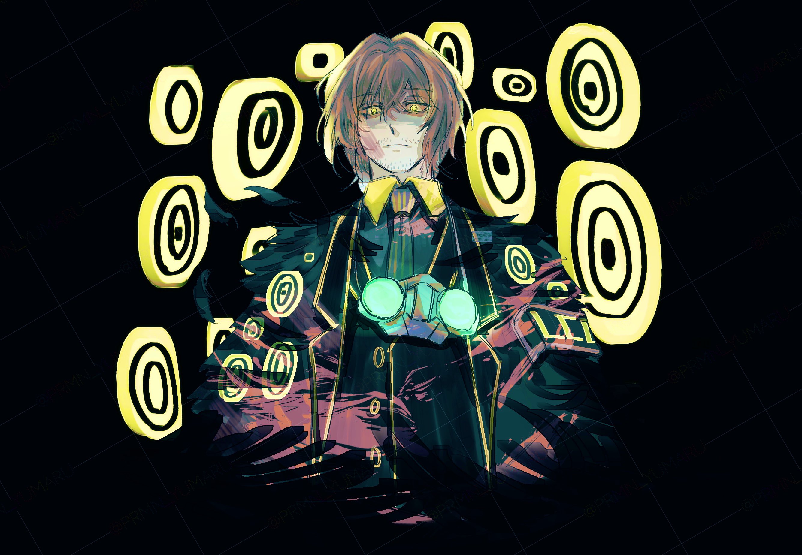 gregor (project moon), limbus company, project moon, commentary request, highres, 1boy, armband, bags under eyes, black background, black coat, black vest, closed mouth, coat, collared shirt, e.g.o (project moon), facial hair, feather coat, glowing, glowing eyes, goggles, goggles around neck, lamp (e.g.o), lapels, lce (identity) (project moon), long sleeves, male focus, medium hair, necktie, notched lapels, prmn yumaru, shirt, solo, stubble, too many eyes, upper body, vest, yellow eyes
