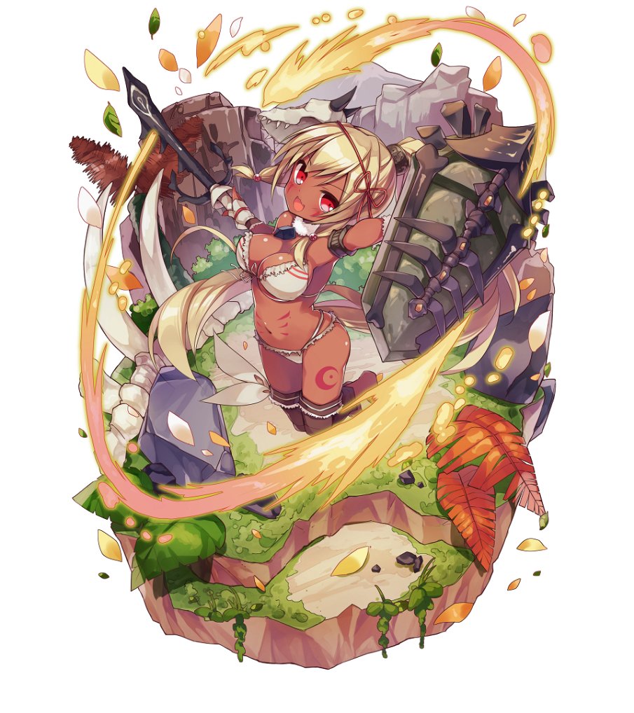merc storia art team, merc storia, commentary request, official art, 1girl, arm up, armpits, bikini, blonde hair, blush, bodypaint, breasts, cleavage, dark-skinned female, dark skin, facepaint, fingerless gloves, fire, from above, full body, gloves, hair between eyes, holding, holding shield, holding sword, holding weapon, large breasts, leaf, long hair, looking at viewer, low-tied sidelocks, mask, mask on head, maxilla (merc storia), mountain, navel, open mouth, ponytail, red eyes, rock, shield, sidelocks, simple background, smile, solo, swimsuit, sword, tachi-e, thighs, v-shaped eyebrows, very long hair, weapon, white background, white bikini, white gloves