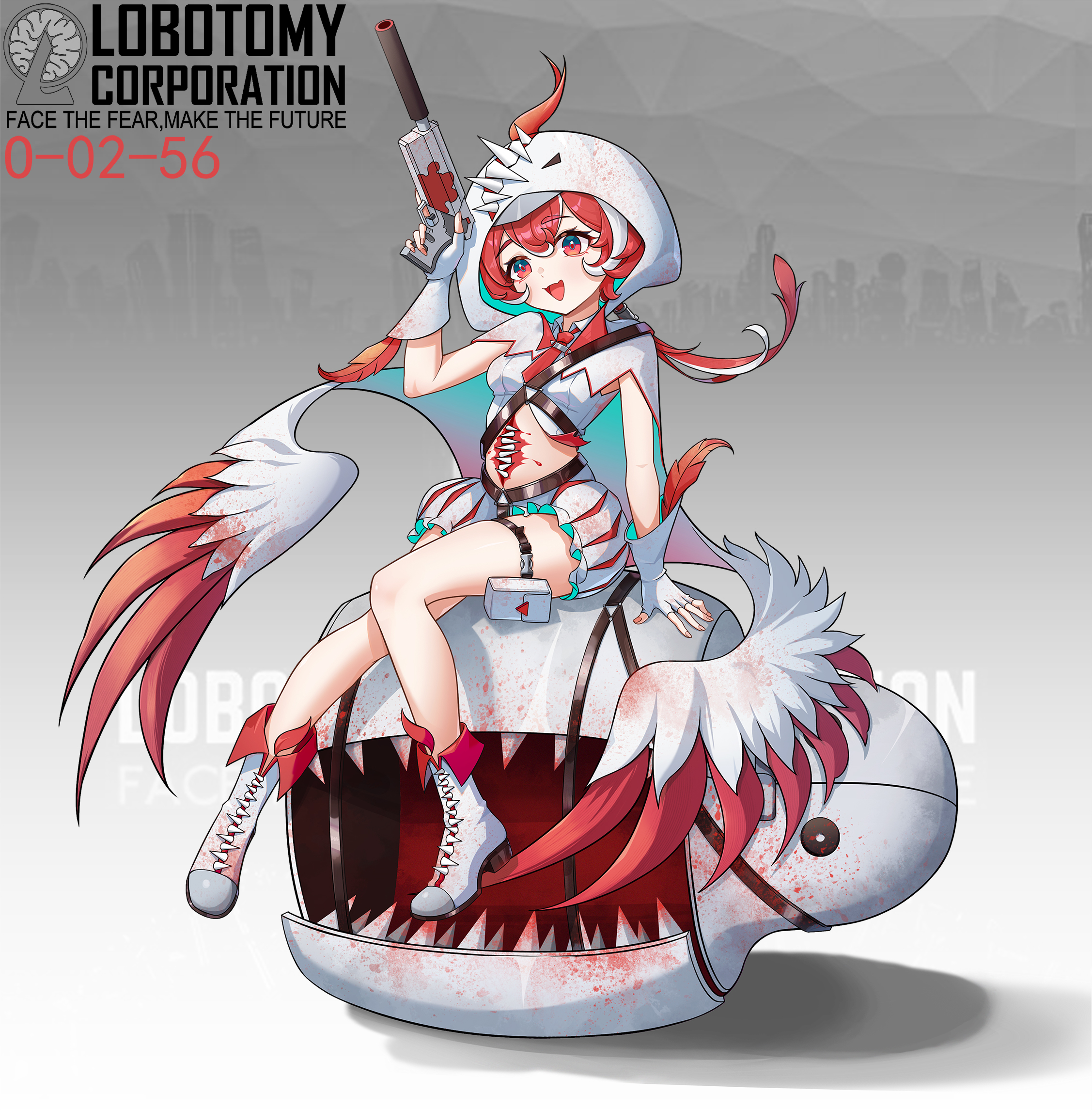 ness (gyjn8442), punishing bird, lobotomy corporation, project moon, chinese commentary, commentary request, highres, 1girl, :d, animal hood, beak (e.g.o), belt, belt buckle, bird hood, blood, blood on teeth, blood stain, bloody wings, boots, breasts, brown belt, buckle, cape, copyright logo, copyright name, crop top, cropped shirt, double-parted bangs, e.g.o (project moon), english text, fang, feathered wings, feathers, fingerless gloves, fingernails, flipped sidelocks, fold-over boots, frilled shorts, frills, full body, gloves, gradient cape, gradient clothes, grey background, gun, hair through headwear, hair through hood, hair tubes, handgun, holding, holding gun, holding weapon, hood, hood up, lace-up boots, logo, long hair, looking at viewer, low block heels, midriff, multicolored hair, necktie, open mouth, personification, pouch, puff and slash shorts, puffy shorts, rattail, red eyes, red feathers, red hair, red necktie, red wings, sharp teeth, shirt, short shorts, shorts, shoulder belt, simple background, single hair tube, sitting, skin fang, sleeveless, sleeveless shirt, small breasts, smile, solo, stomach mouth, streaked hair, suppressor, teeth, text background, thigh belt, thigh pouch, thigh strap, tie clip, trigger discipline, two-sided cape, two-sided fabric, two-tone hair, two-tone wings, weapon, white boots, white cape, white gloves, white hood, white shirt, white shorts, white streaks, white wings, wing cape, wing collar, wings