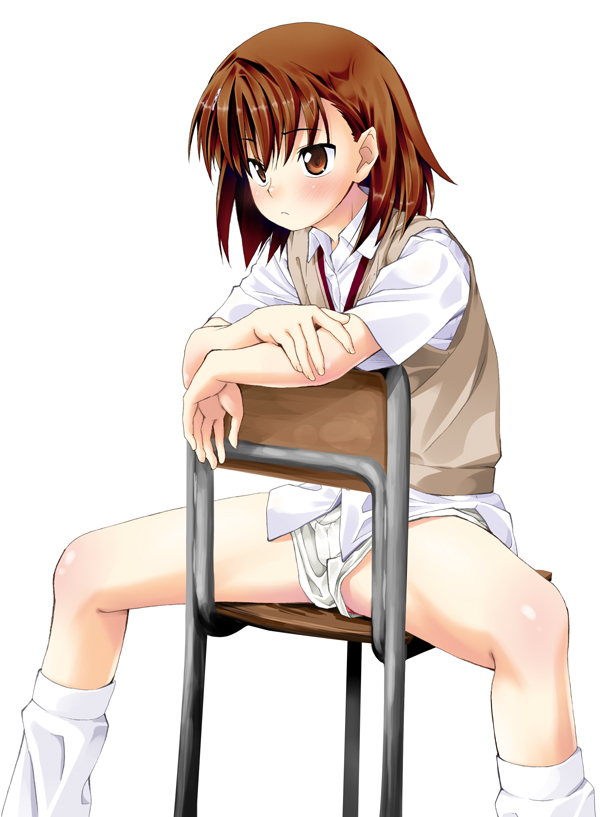 iwasaki takashi, misaka mikoto, toaru kagaku no railgun, toaru majutsu no index, 1girl, brown eyes, brown hair, female focus, school uniform, short hair, shorts, sitting, sitting backwards, solo, spread legs