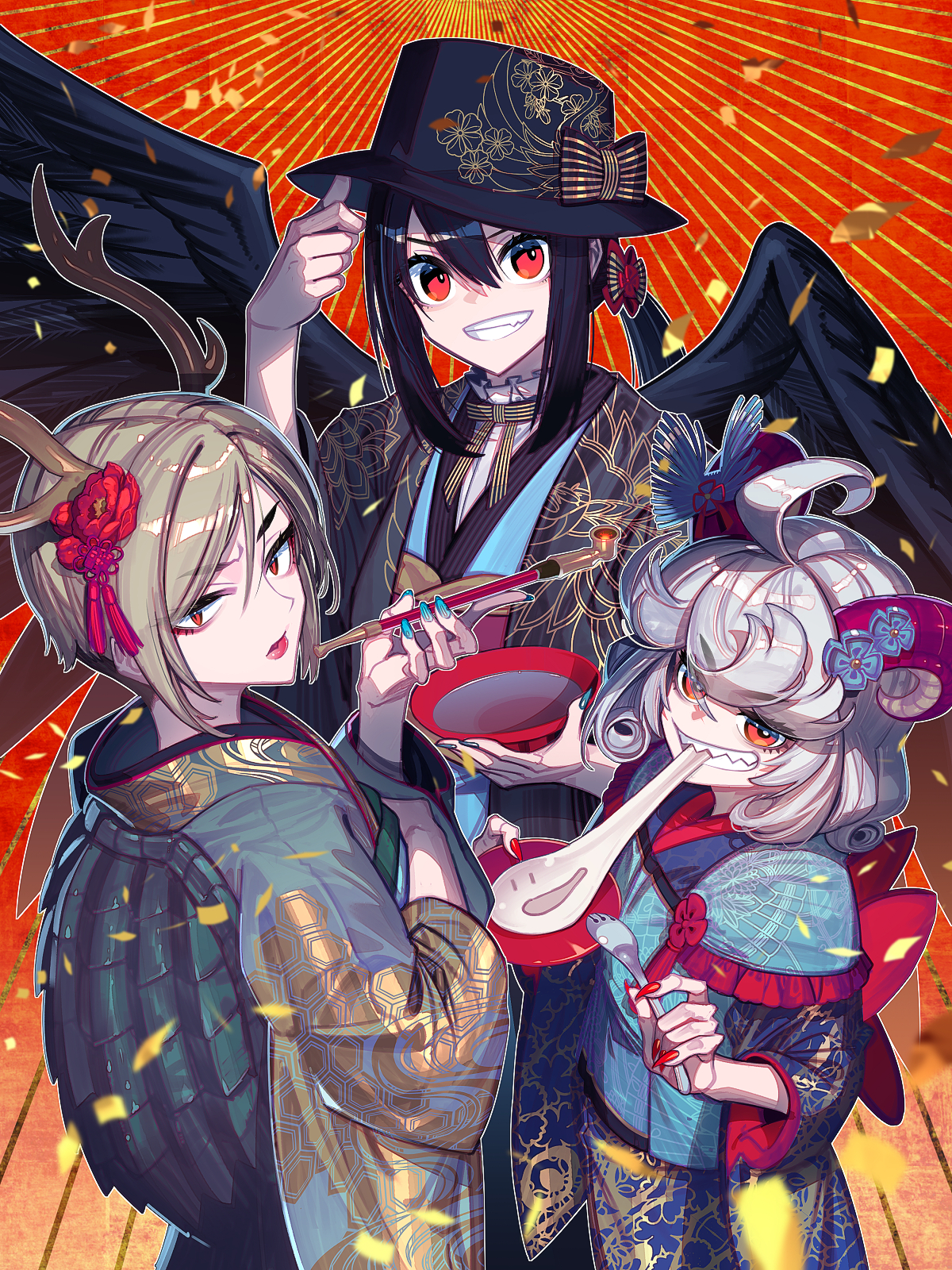 zounose, kicchou yachie, kurokoma saki, toutetsu yuuma, touhou, commentary request, highres, textless version, 3girls, :d, ahoge, alternate costume, anger vein, animal realm yakuza (touhou), aqua nails, black bow, black hair, black hat, black kimono, black wings, blonde hair, blue kimono, bow, chinese zodiac, confetti, cup, dragon horns, eating, fingernails, flower, food, grey hair, grin, hair between eyes, hat, hat bow, holding, holding cup, holding plate, holding smoking pipe, holding spork, horns, japanese clothes, kimono, kiseru, long sleeves, looking at viewer, mochi, mochi trail, multiple girls, multiple views, open mouth, orange background, plate, print kimono, red eyes, red flower, red nails, sakazuki, sharp fingernails, sharp teeth, short hair, smile, smoking pipe, spork, teeth, turtle shell, v-shaped eyebrows, wide sleeves, wings