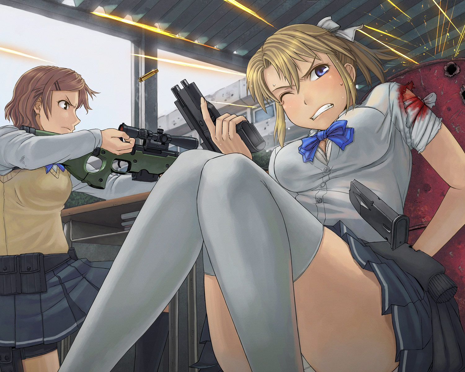 itou (onsoku tassha), blonde girl (itou), original, sig sauer, highres, 2girls, ai arctic warfare, bandages, battle, blonde hair, blood, blue eyes, bolt action, bra, breasts, casing ejection, cleavage, clenched teeth, gun, hair ribbon, handgun, large breasts, legs, lingerie, locked slide, magazine (weapon), magazine ejection, multiple girls, panties, pantyshot, pistol, ponytail, reloading, ribbon, rifle, school uniform, scope, shell casing, sitting, sniper rifle, sweat, sweater vest, teeth, thighhighs, torn clothes, trigger discipline, unbuttoned, underwear, weapon, wince