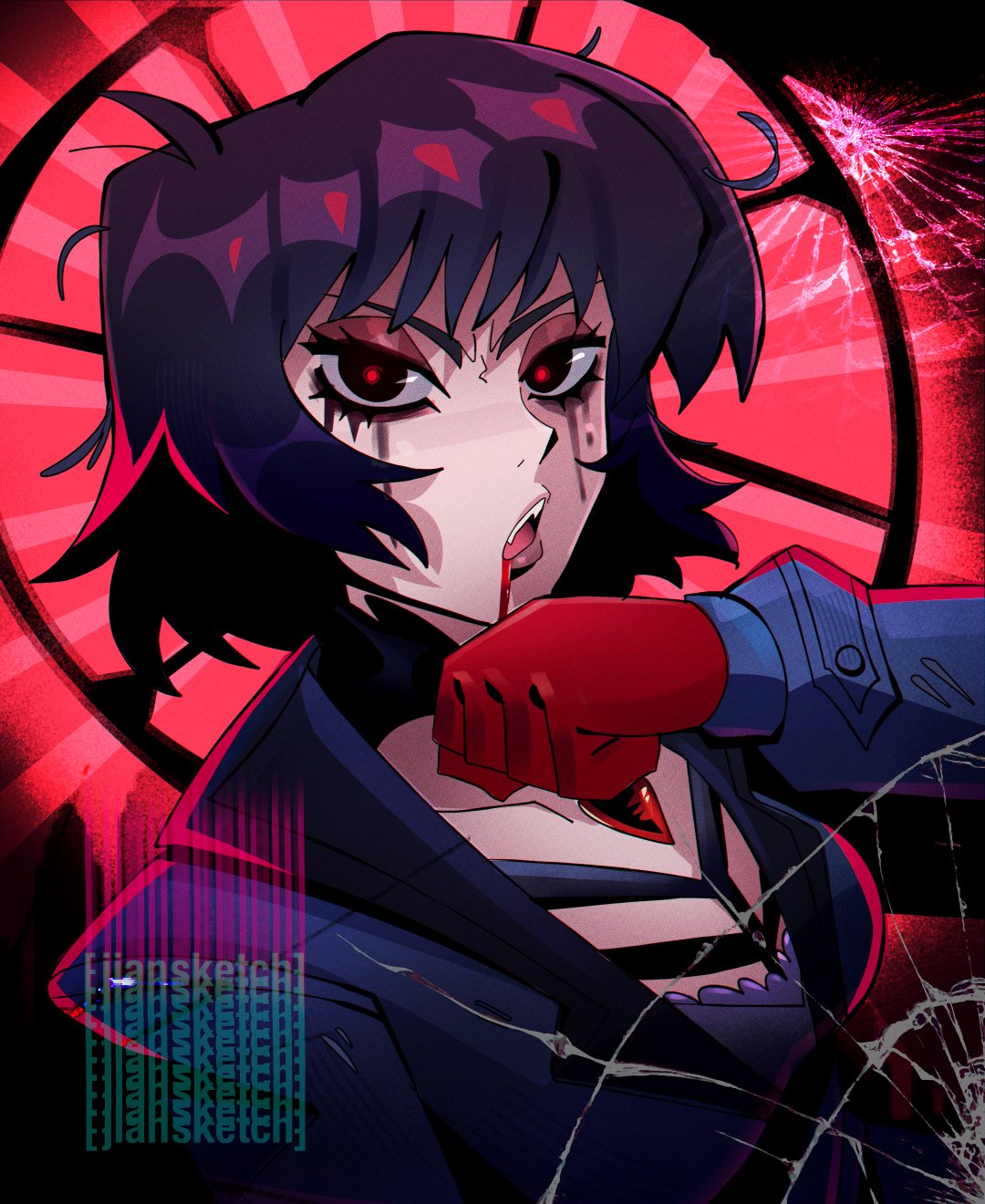 jiansketch, mina (deadlock), deadlock (game), highres, bellhop uniform, black coat, black eyes, black eyeshadow, black hair, blood, blood from mouth, broken glass, coat, eyeliner, eyeshadow, fangs, glass, gloves, looking at viewer, makeup, mascara, messy hair, necktie, red-eye effect, red background, red gloves, red necktie, runny makeup, short hair, signature, vampire