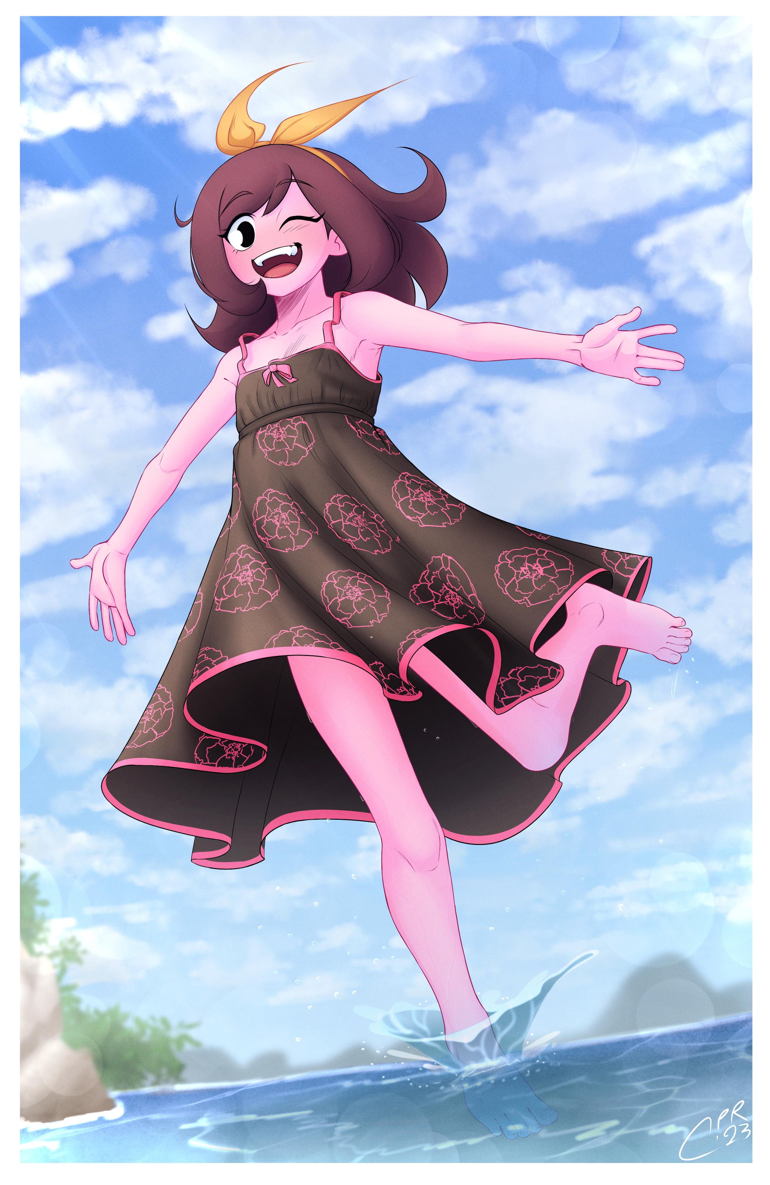 cabronpr, marigold (cabronpr), original, absurdres, commentary, english commentary, highres, 1girl, 2023, ;d, ||/, armpits, bare arms, bare legs, bare shoulders, barefoot, black dress, black eyes, blue sky, border, bow, bow hairband, bowtie, breasts, brown hair, bush, colored skin, cowlick, day, dress, fang, feet, film grain, flat chest, flipped hair, floral print, floral print dress, frilled dress, frills, from below, hair behind ear, hairband, lens flare, looking at viewer, medium dress, medium hair, no nose, no pupils, one eye closed, open mouth, orange hairband, outdoors, outstretched arms, partially submerged, pink bow, pink bowtie, pink skin, pink trim, print dress, rock, sideboob, sidelocks, signature, sky, sleeveless, sleeveless dress, smile, solo, standing, standing on one leg, swept bangs, tareme, teeth, toenails, toes, tongue, upper teeth only, water, white border