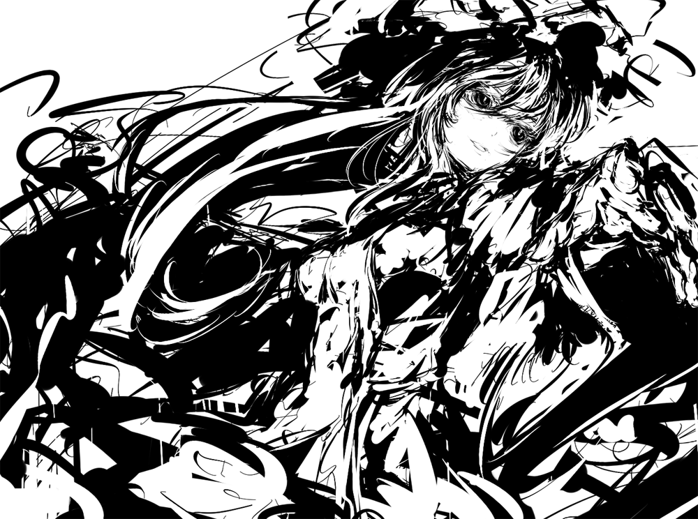 neichiru, yakumo yukari, touhou, 1girl, dress, female focus, foreshortening, greyscale, hat, head tilt, high contrast, long hair, monochrome, open mouth, outstretched arm, outstretched hand, sketch, solo