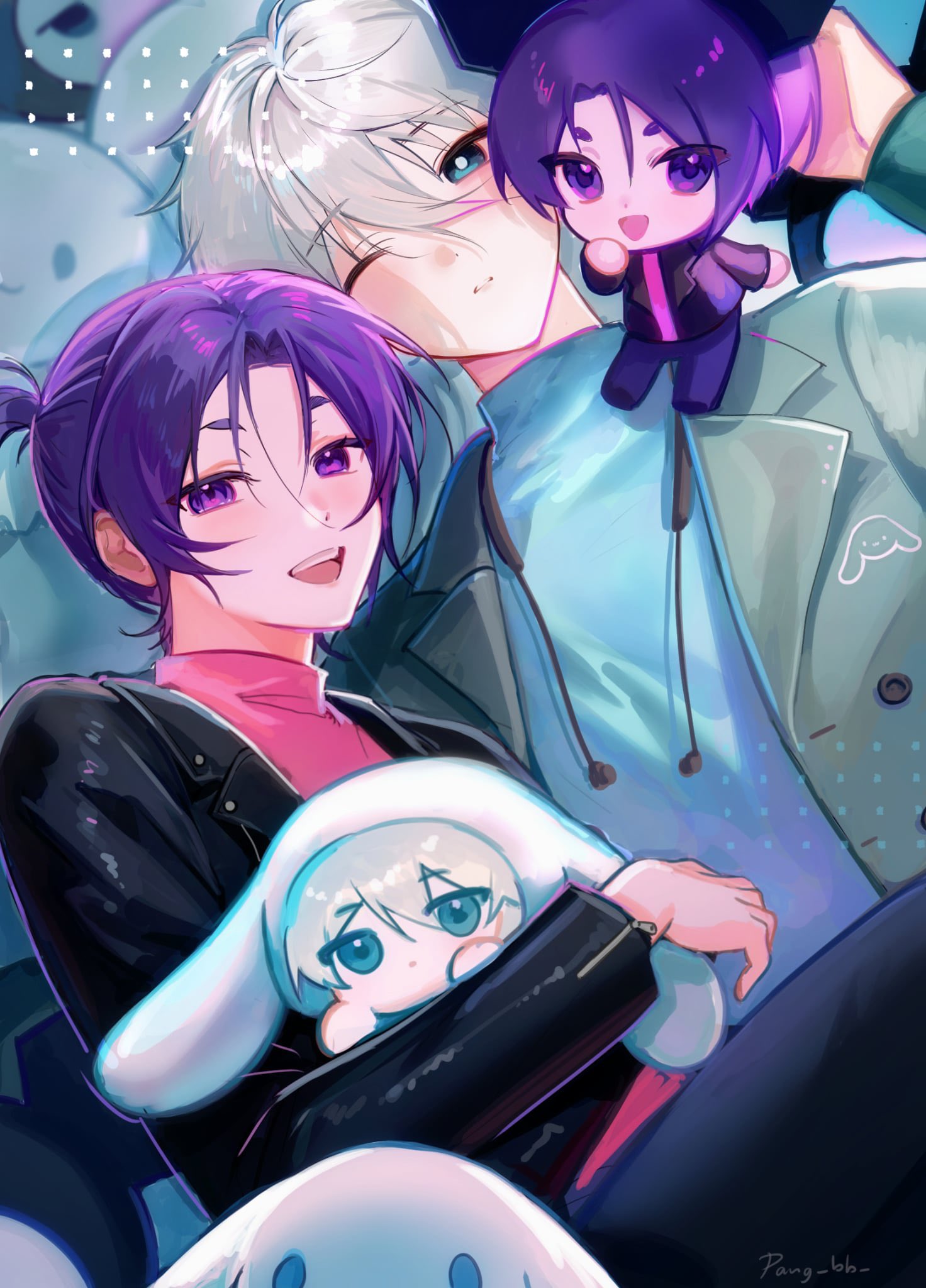 pang (pang bb), mikage reo, nagi seishirou, blue lock, sanrio, commentary request, highres, 2boys, black jacket, blue shirt, chibi, grey jacket, high ponytail, jacket, multiple boys, one eye closed, pink shirt, ponytail, purple hair, shirt, simple background, smile, white hair, yaoi