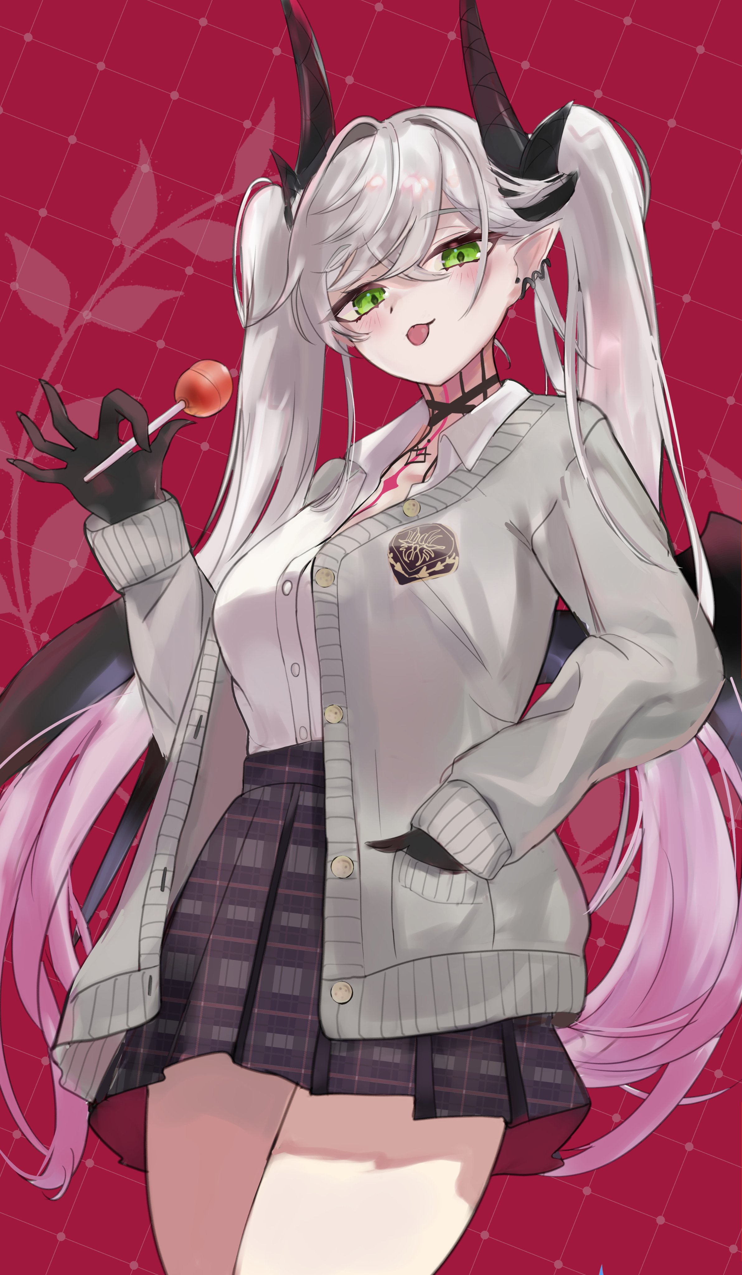 klash, lilith (fate), fate/grand order, fate (series), absurdres, commentary request, highres, 1girl, blush, breasts, candy, chest tattoo, colored extremities, food, gradient hair, green eyes, holding, holding candy, holding food, holding lollipop, lollipop, long hair, medium breasts, multicolored hair, neck tattoo, pink hair, pleated skirt, shirt, skirt, solo, tattoo, twintails, white hair, white shirt, wings