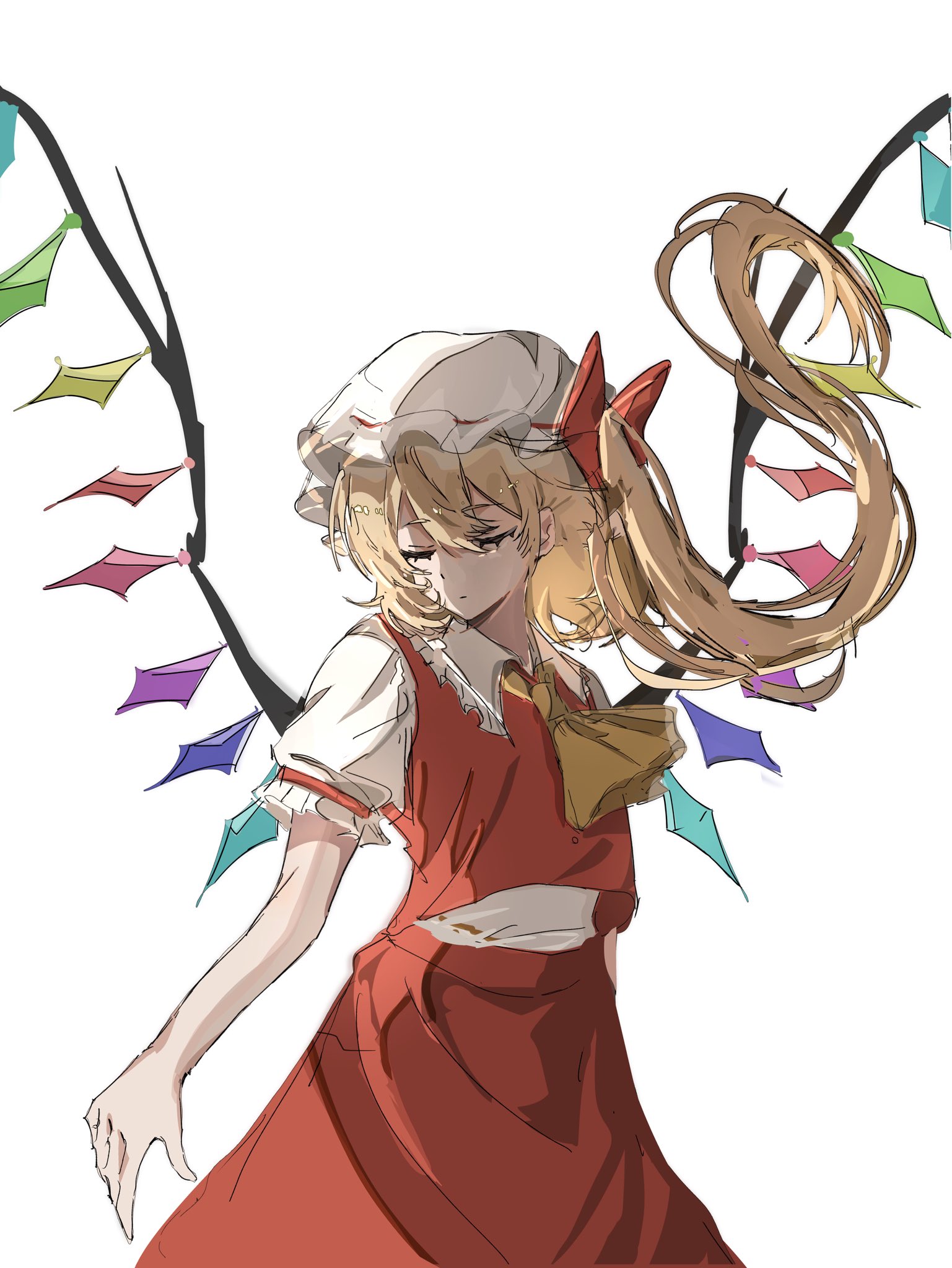 ebuna, flandre scarlet, touhou, highres, 1girl, ascot, blonde hair, closed eyes, crystal, crystal wings, facing viewer, hat, mob cap, multicolored wings, one side up, puffy short sleeves, puffy sleeves, red skirt, red vest, short sleeves, simple background, skirt, skirt set, solo, vest, white background, white hat, wings, yellow ascot