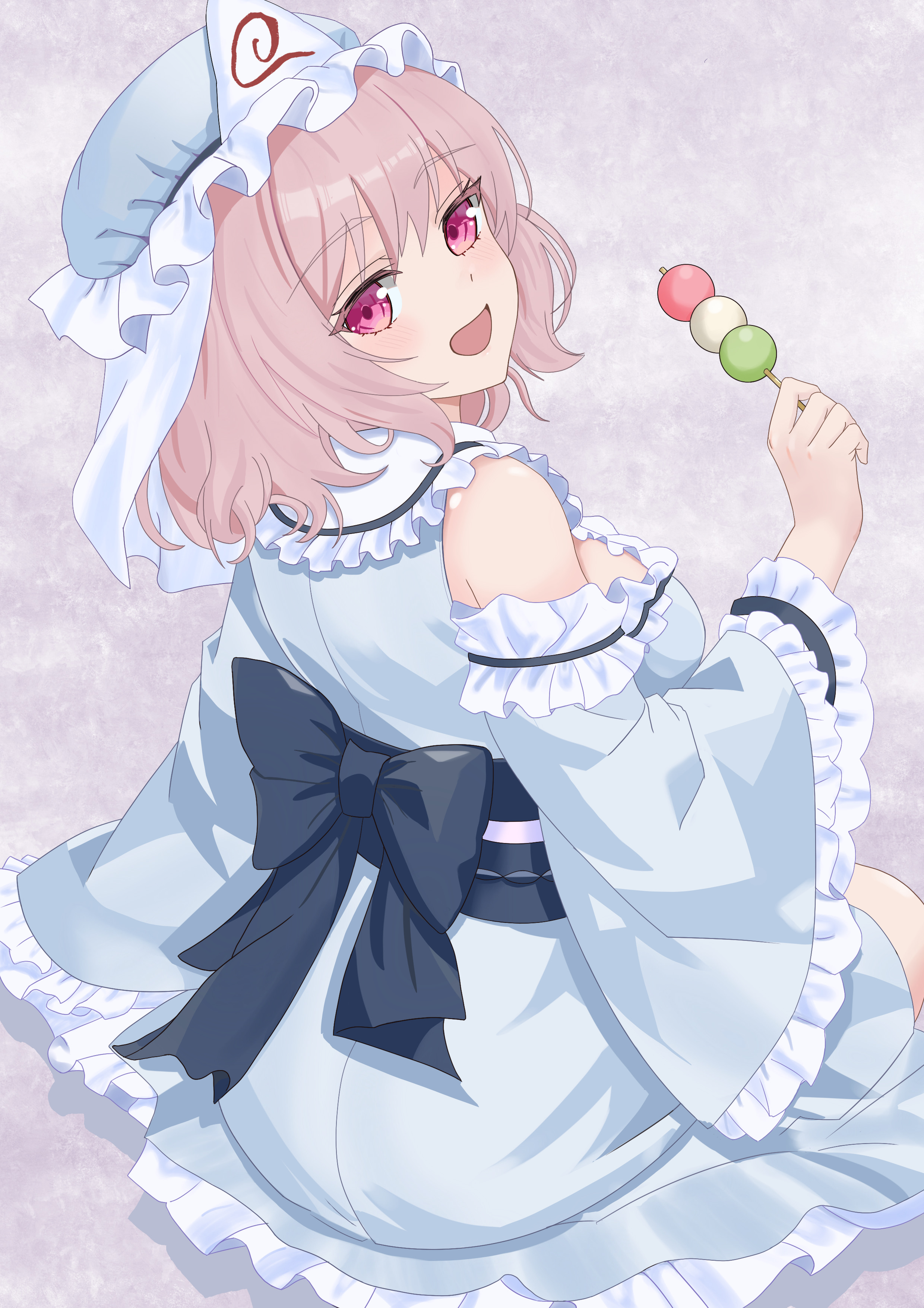 saigyouji yuyuko, touhou, absurdres, commentary request, highres, 1girl, back bow, blue bow, blue hat, blue kimono, bow, breasts, dango, embellished costume, food, frilled kimono, frills, hat, holding, holding skewer, japanese clothes, kimono, large breasts, looking at viewer, looking back, mob cap, open mouth, pink eyes, pink hair, sanshoku dango, skewer, sleeve garter, smile, solo, tinatama, triangular headpiece, wagashi