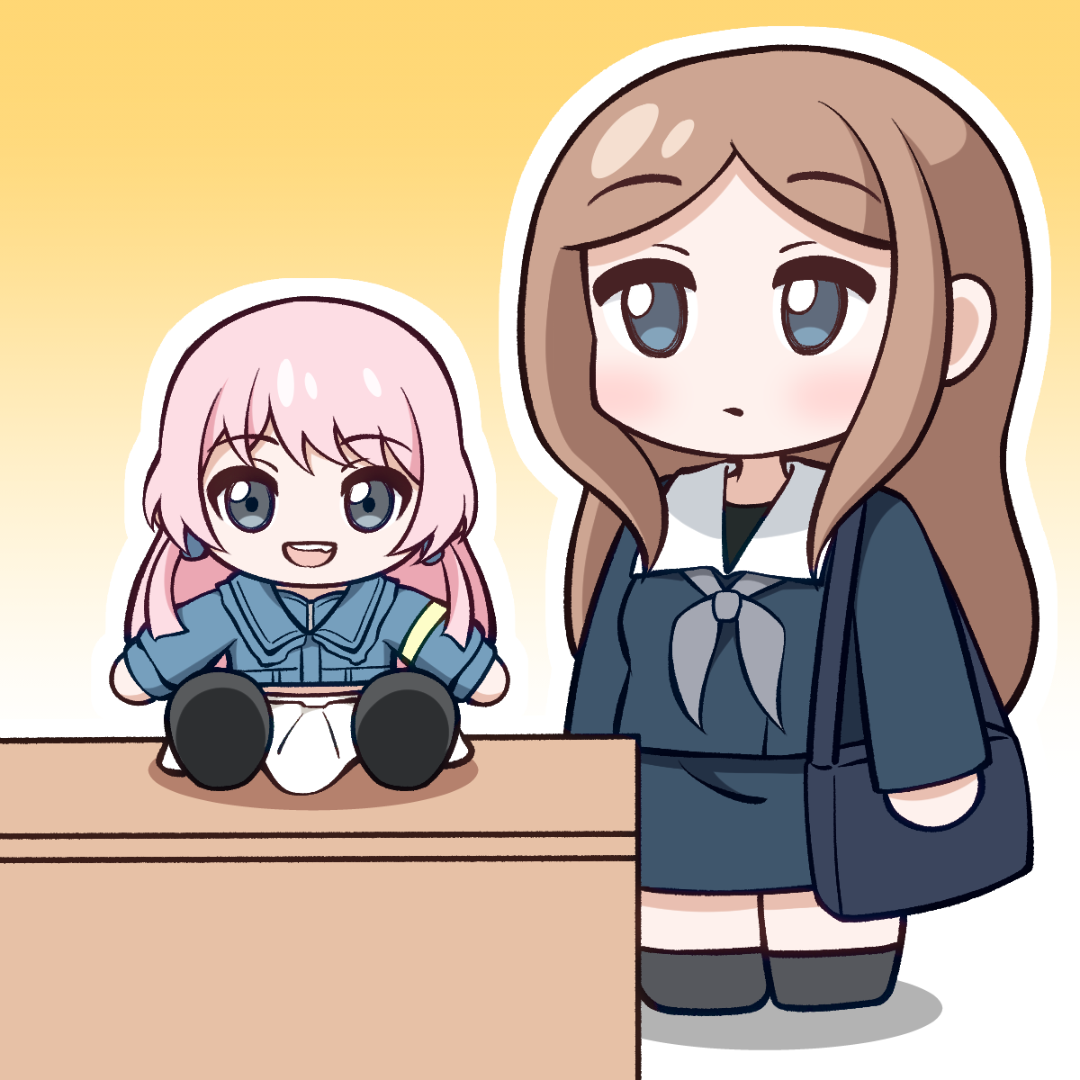 jiwon (sj1), chihaya anon, nagasaki soyo, bang dream!, bang dream! it's mygo!!!!!, commentary, highres, 1girl, blue eyes, blue shirt, blue skirt, brown hair, character doll, chibi, doll, grey neckerchief, long hair, neckerchief, outline, school uniform, shirt, sidelocks, skirt, tsukinomori school uniform, white outline