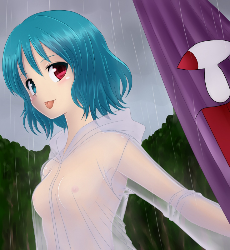 chikado, tatara kogasa, touhou, 1girl, :p, blue eyes, blue hair, breasts, female focus, heterochromia, karakasa obake, matching hair/eyes, naked raincoat, nipples, no bra, rain, raincoat, red eyes, see-through clothes, see-through raincoat, short hair, small nipples, solo, tongue, tongue out, umbrella