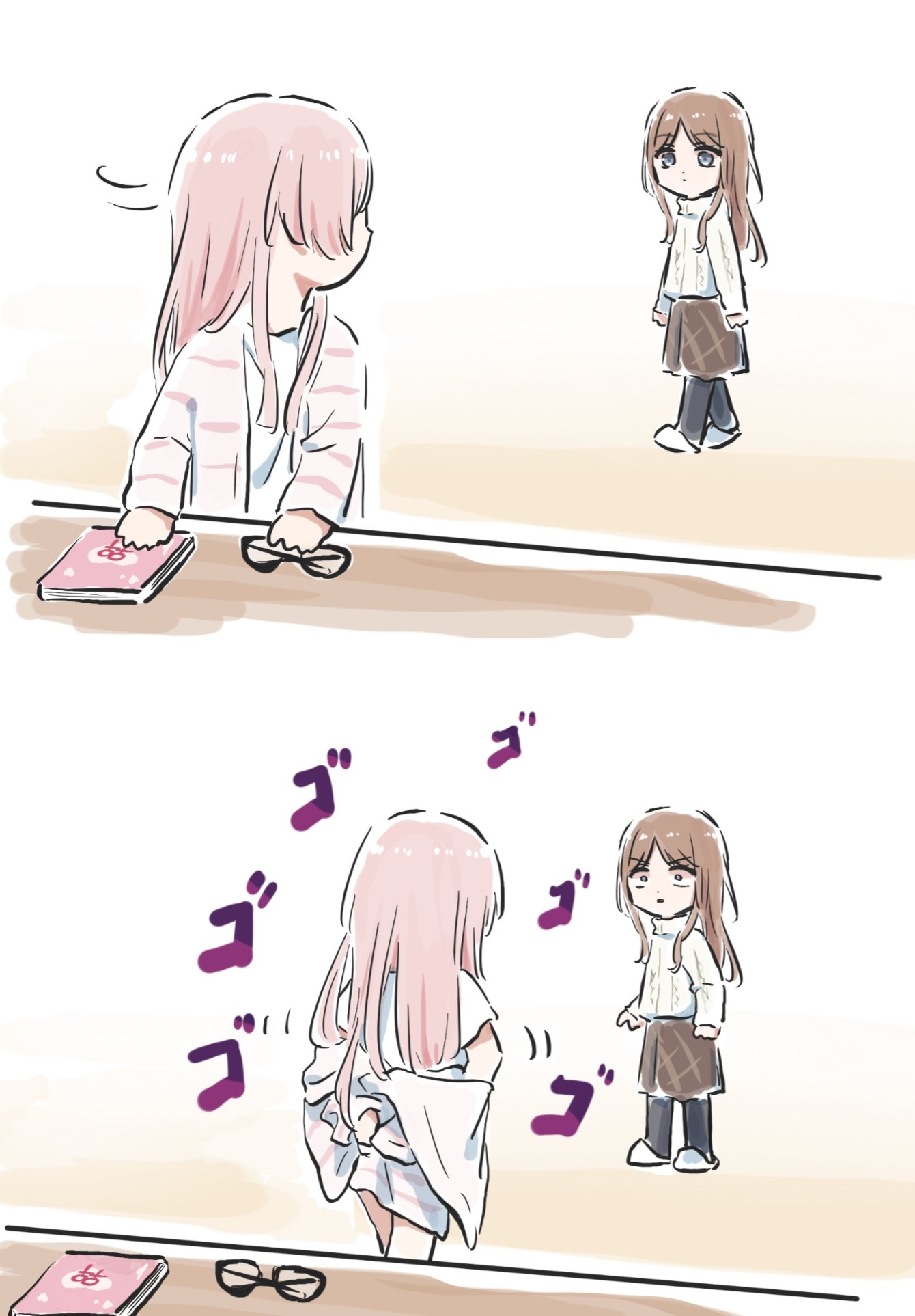 lyy, chihaya anon, nagasaki soyo, bang dream!, bang dream! it's mygo!!!!!, commentary, highres, symbol-only commentary, 2girls, black pantyhose, blue eyes, brown hair, glasses, jacket, long hair, menacing (jojo), multiple girls, open mouth, pantyhose, pink hair, pink jacket, removing jacket, shirt, slippers, unworn eyewear, white shirt, wide-eyed, yuri, yuri (object)