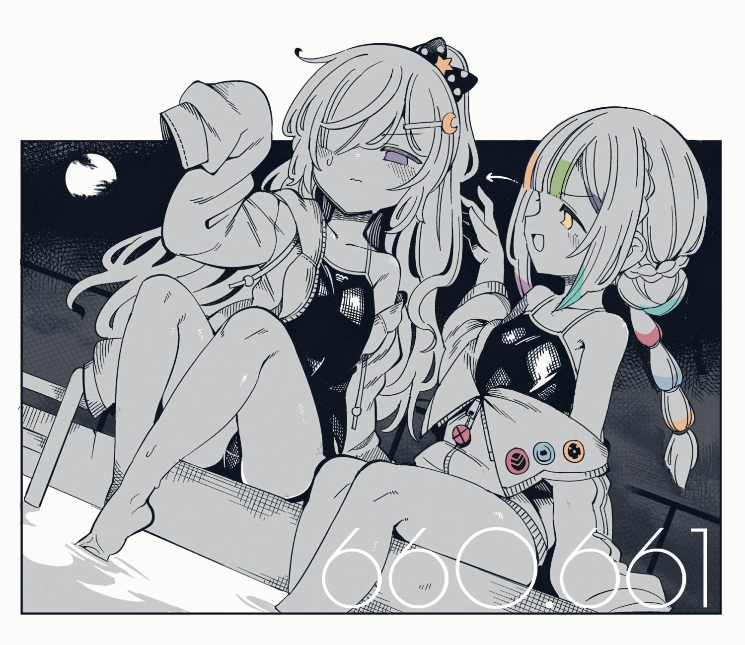 fuukadia (narcolepsy), jogasaki noah, natsume an-an, mahou shoujo no majo saiban, commentary request, highres, 2girls, alternate hairstyle, armpit crease, barefoot, closed mouth, competition school swimsuit, feet, hair over one eye, jacket, knees, moon, multiple girls, night, one-piece swimsuit, open mouth, ponytail, pool, school swimsuit, sitting, spot color, swimsuit, thighs, wading, water