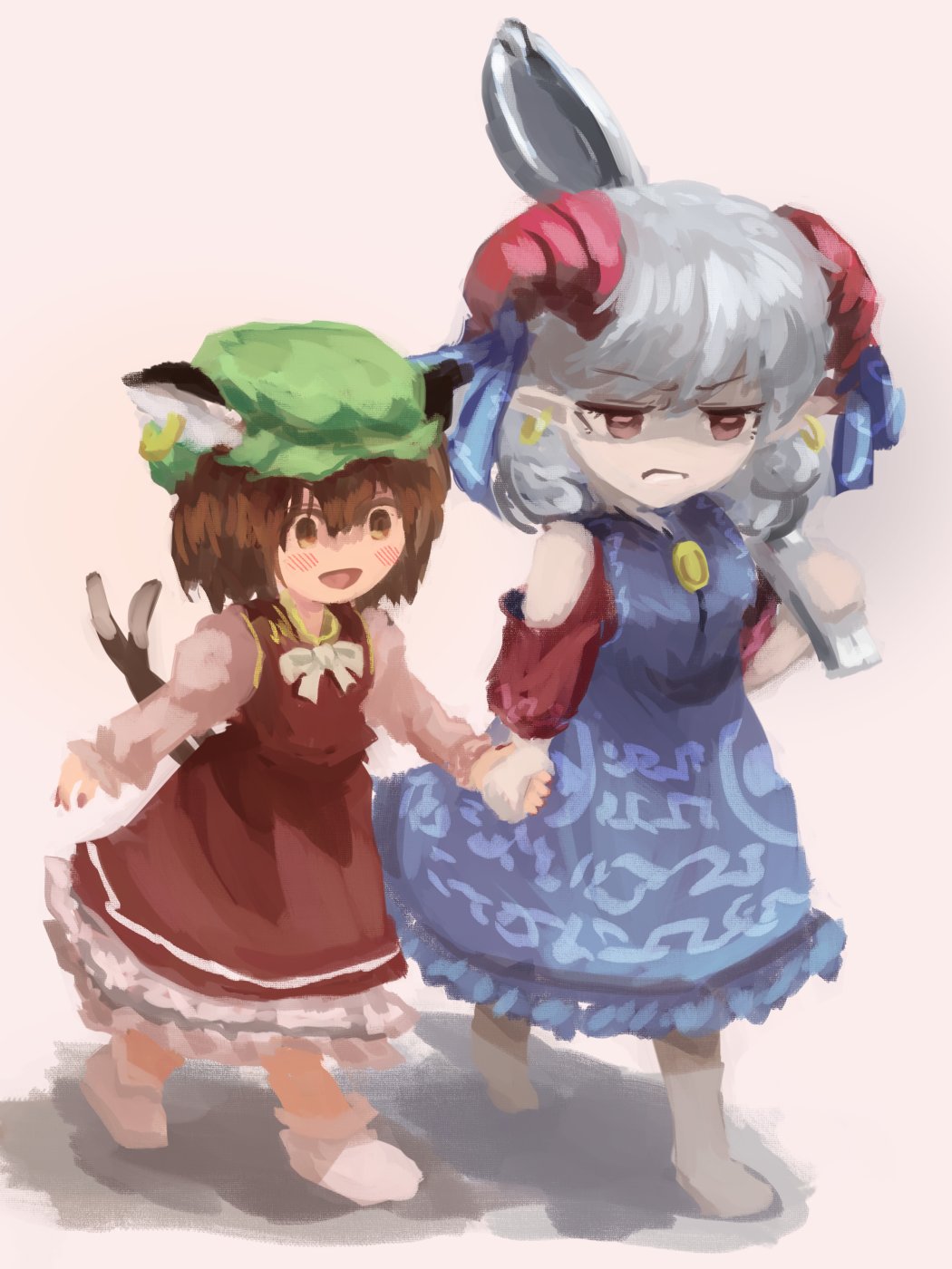 garakuraku, chen, toutetsu yuuma, touhou, commentary, highres, 2girls, animal ears, blue dress, blush, bow, bowtie, brown eyes, brown hair, cat ears, cat tail, curly hair, dress, earrings, green hat, hat, holding, holding hands, holding spork, hoop earrings, horn ornament, horn ribbon, horns, jewelry, long sleeves, mob cap, multiple girls, multiple tails, nekomata, open mouth, oversized object, patterned clothing, pink background, pointy ears, red eyes, red horns, red sleeves, ribbon, shaded face, sheep horns, simple background, single earring, smile, socks, spork, tail, two tails, walking, white bow, white bowtie, white socks