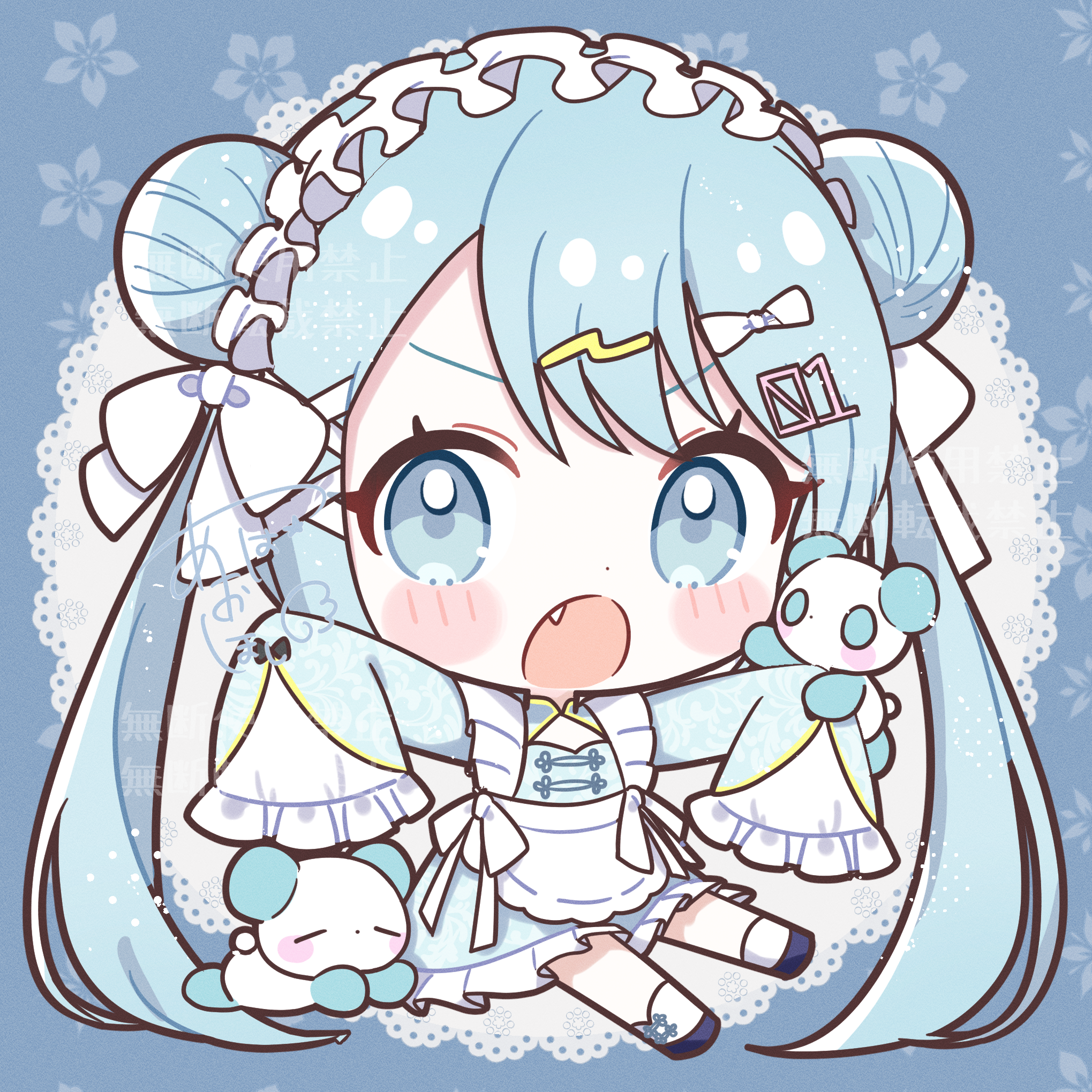 aobahosino, hatsune miku, vocaloid, commentary, highres, 1girl, :o, apron, black shoes, blue background, blue eyes, blue hair, blush stickers, bow, chibi, chibi only, china dress, chinese clothes, dot nose, double bun, dress, fang, frilled apron, frilled dress, frilled sleeves, frills, full body, hair bow, hair bun, long hair, long sleeves, looking at viewer, open mouth, panda, shoes, signature, sitting, sleeves past fingers, sleeves past wrists, socks, solo, twintails, v-shaped eyebrows, very long hair, white apron, white bow, white socks
