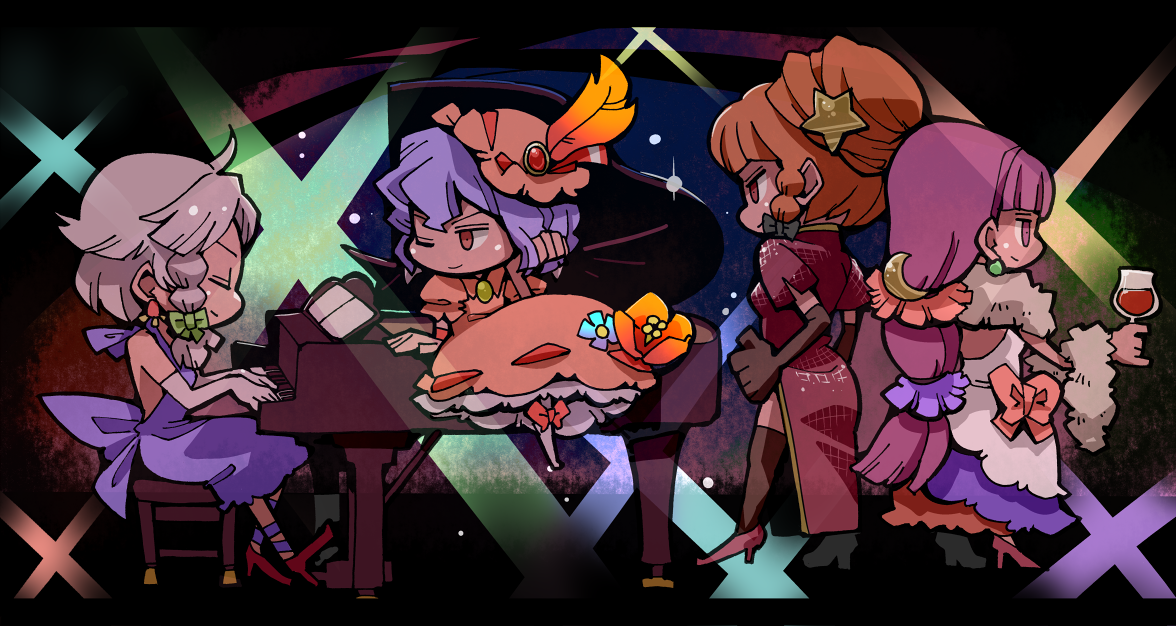 hounori, hong meiling, izayoi sakuya, patchouli knowledge, remilia scarlet, embodiment of scarlet devil, touhou, bad id, bad pixiv id, 4girls, casual, dress, elbow gloves, female focus, flower, gloves, grand piano, hat, instrument, maid, multiple girls, piano, plant, thighhighs