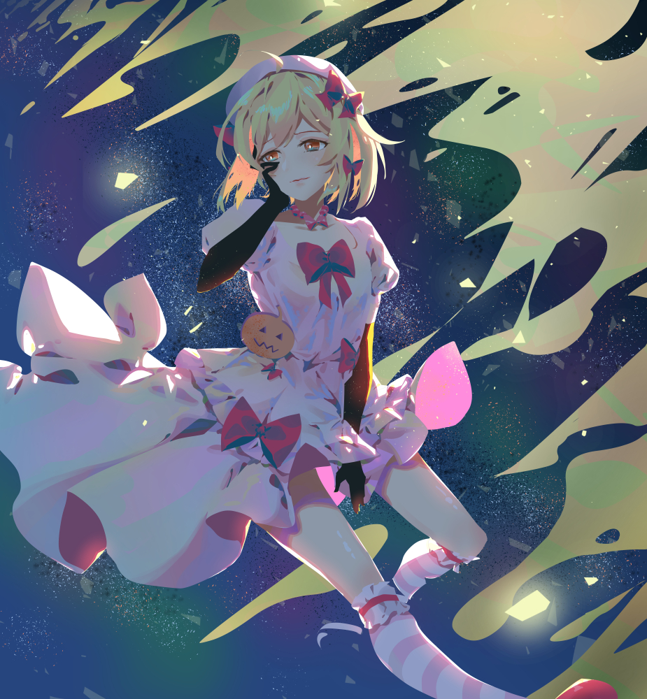 longchuan rita, lambdadelta, umineko no naku koro ni, commentary, symbol-only commentary, 1girl, arm up, beret, black gloves, blonde hair, blue eyes, bow, breasts, butterfly necklace, collarbone, dress, elbow gloves, frilled dress, frilled socks, frills, gloves, hair bow, hand on own cheek, hand on own face, hat, jack-o'-lantern ornament, jewelry, looking to the side, multicolored eyes, necklace, orange eyes, over-kneehighs, pearl necklace, pink dress, pink hat, pink socks, puffy short sleeves, puffy sleeves, red bow, red shoes, shoes, short hair, short sleeves, small breasts, socks, solo, space, square neckline, striped clothes, striped socks, thighhighs, two-tone eyes, white socks, witch