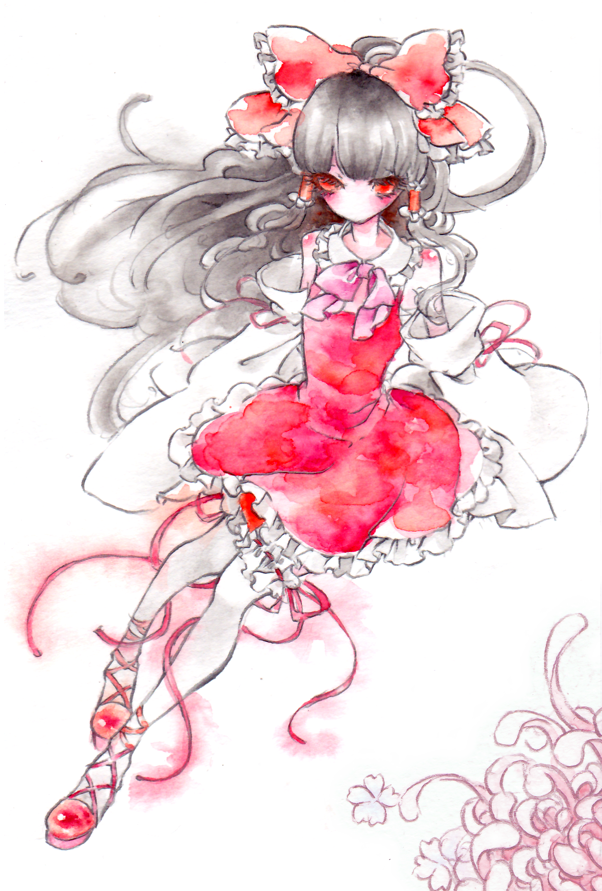 miri, miri (tobira no mukou), hakurei reimu, touhou, highres, painting (medium), traditional media, watercolor (medium), 1girl, ankle lace-up, bare shoulders, black hair, detached sleeves, eyelashes, female focus, frilled thigh strap, frills, hair ribbon, japanese clothes, legs, long hair, looking down, miko, no nose, orange eyes, ribbon, solo, thigh strap, wide sleeves