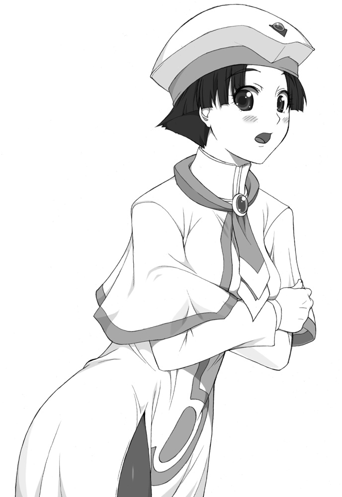shichimenchou, yumeno anzu, aria (manga), uniform, 00s, 1girl, artistic error, black pantyhose, blush, crossed arms, female focus, greyscale, hat, high collar, monochrome, open mouth, pantyhose, short hair, simple background, solo, white background