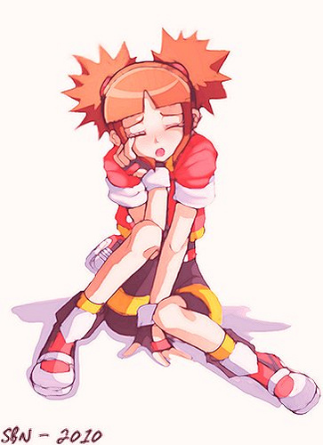 rubyconcream, kate (pokemon), nintendo, pokemon, pokemon ranger (series), pokemon ranger vatonage, lowres, 00s, closed eyes, fingerless gloves, gloves, orange hair, sitting