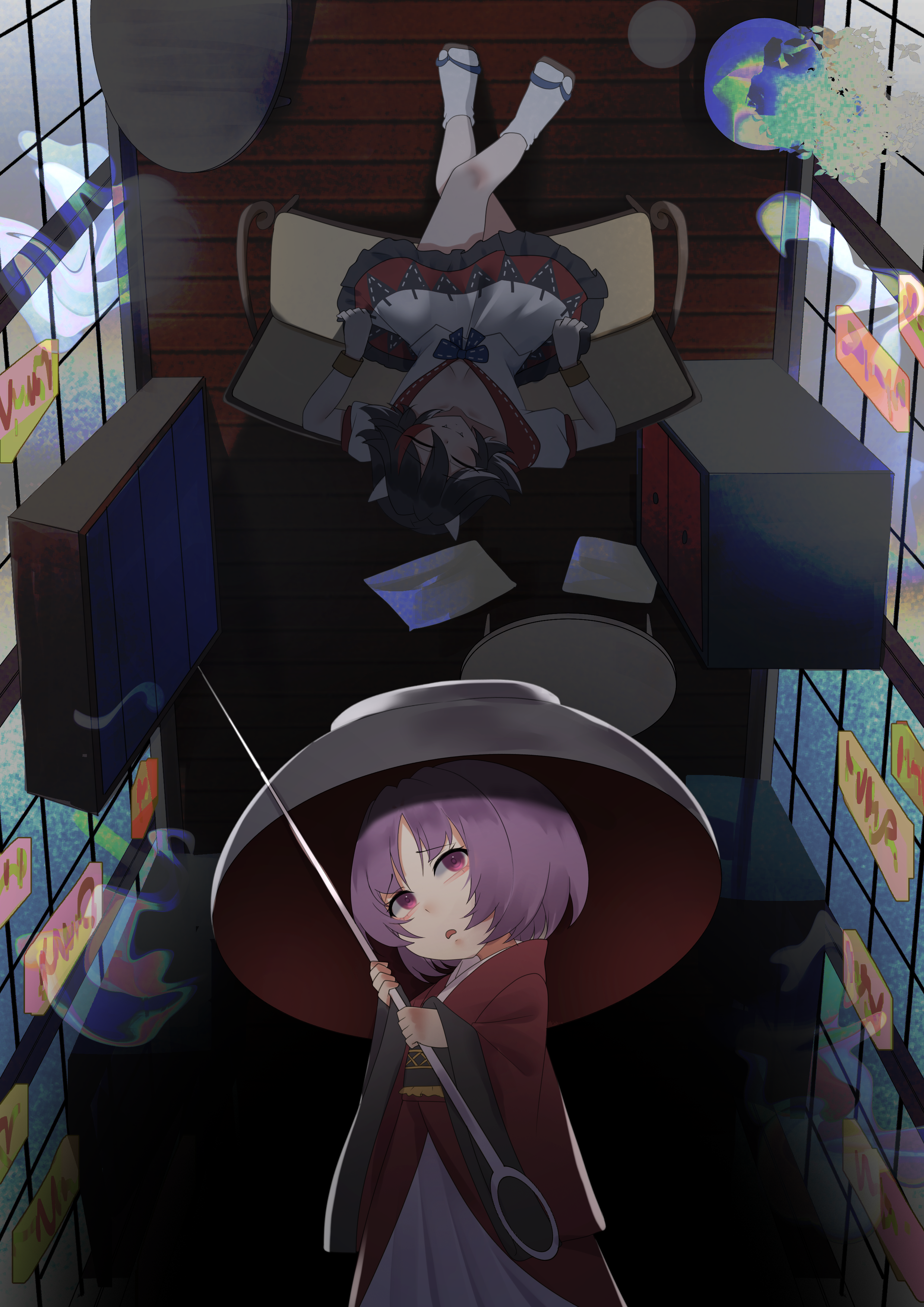 no noru, kijin seija, sukuna shinmyoumaru, touhou, absurdres, commentary, highres, 2girls, arrow print, black sash, blue bow, blue bowtie, bow, bowl, bowl hat, bowtie, closed eyes, cone horns, dress, grey horns, hat, holding, holding needle, horns, japanese clothes, kimono, long sleeves, medium hair, mini person, minigirl, multicolored dress, multicolored hair, multiple girls, needle, obi, open mouth, pink eyes, purple hair, red hair, red kimono, sash, sitting, small horns, streaked hair, upside-down, white dress, wide sleeves