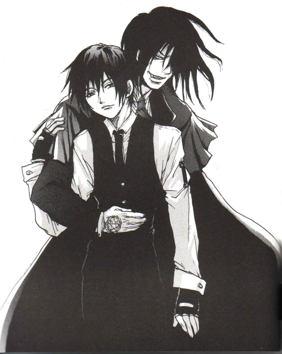 alucard (hellsing), walter c. dornez, hellsing, black hair, coat, dress shirt, fang, fingerless gloves, gloves, monochrome, necktie, overcoat, shirt, short hair, vampire