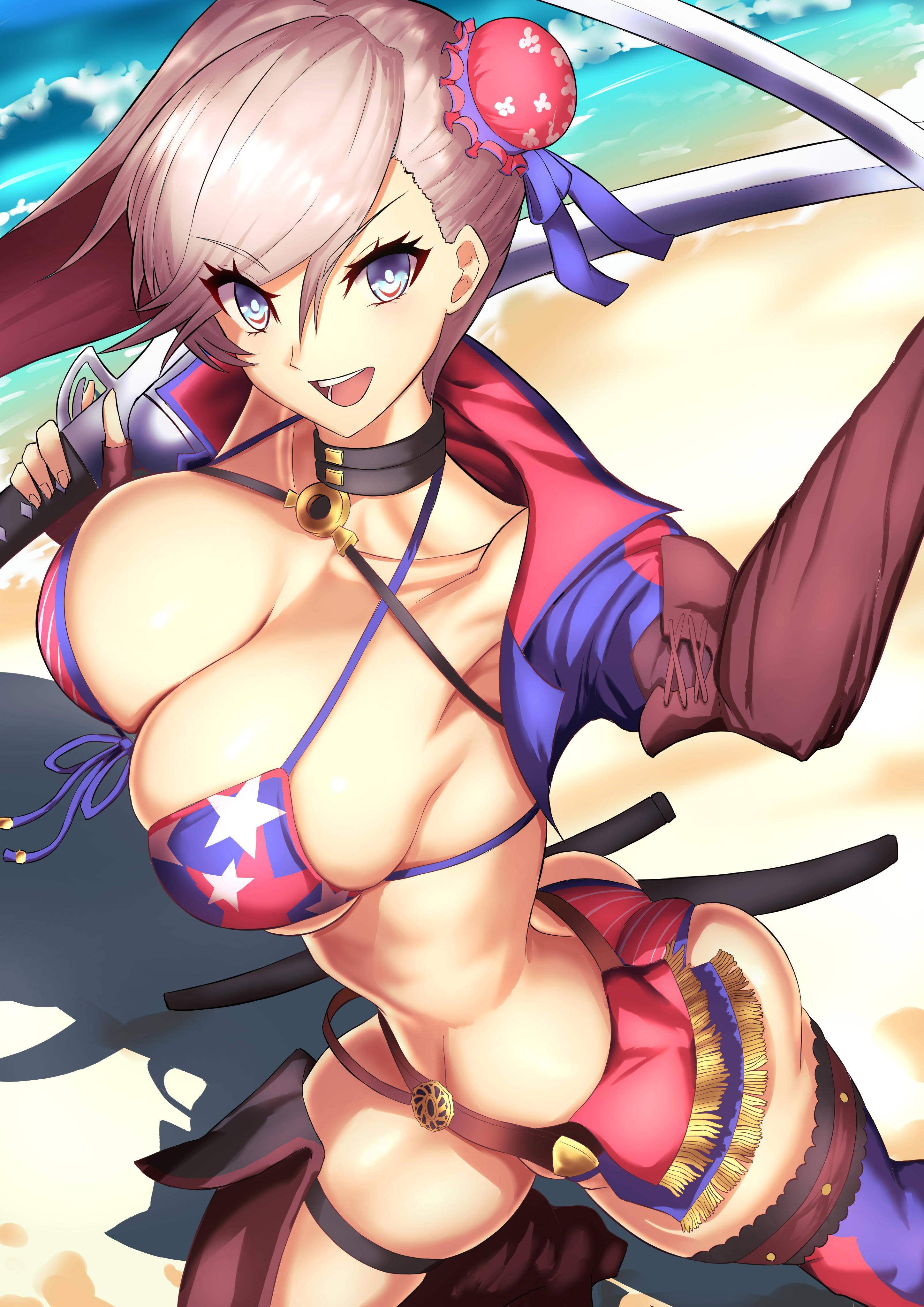kiteno kiten, miyamoto musashi (fate), miyamoto musashi (fate/grand order), miyamoto musashi (swimsuit berserker) (fate), miyamoto musashi (swimsuit berserker) (second ascension) (fate), fate/grand order, fate (series), absurdres, commentary request, highres, 1girl, american flag, american flag bikini, american flag print, ass, asymmetrical gloves, beach, bikini, blue eyes, blue shrug, blush, breasts, brown gloves, bun cover, choker, cleavage, fingerless gloves, flag print, flag print bikini, gloves, gunblade, hair bun, hair ribbon, large breasts, long hair, long sleeves, looking at viewer, open mouth, pink hair, print bikini, ribbon, sheath, shore, shrug (clothing), single side bun, smile, solo, swept bangs, swimsuit, thighhighs, thighs, weapon