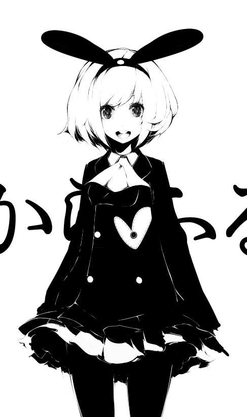 usu, original, character request, 1girl, animal ears, female focus, greyscale, high contrast, miniskirt, monochrome, pantyhose, rabbit ears, short hair, skirt, solo