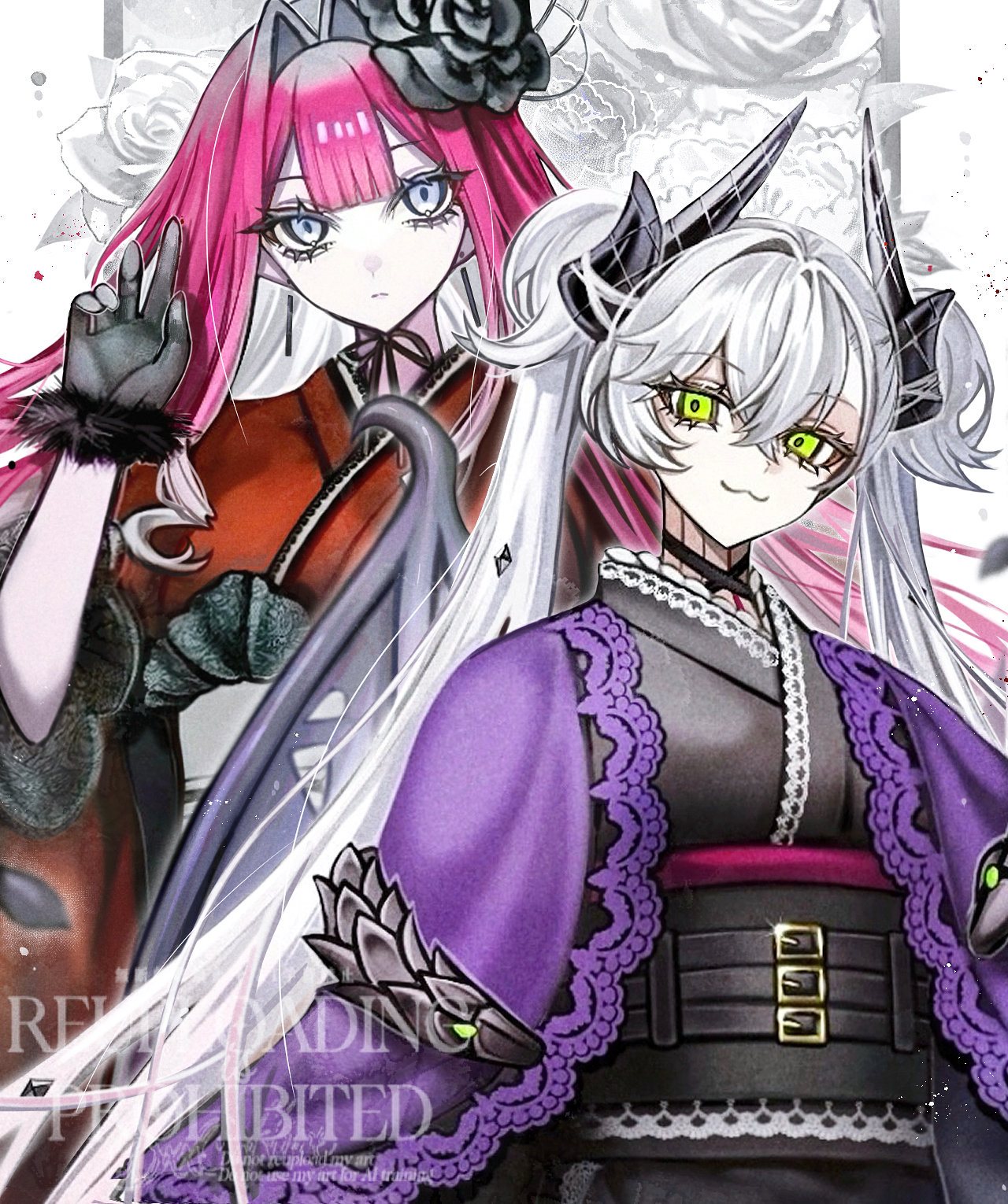 diandao qin, baobhan sith (fate), lilith (fate), fate/grand order, fate (series), highres, bag, black gloves, black kimono, breasts, choker, crossed bangs, demon girl, demon horns, demon wings, floral print, flower, gloves, green eyes, grey eyes, grey hair, hair between eyes, hair flower, hair ornament, horns, japanese clothes, kimono, long hair, long sleeves, looking at viewer, medium breasts, obi, pink hair, pointy ears, red kimono, sash, sidelocks, smile, twintails, very long hair, wide sleeves, wings